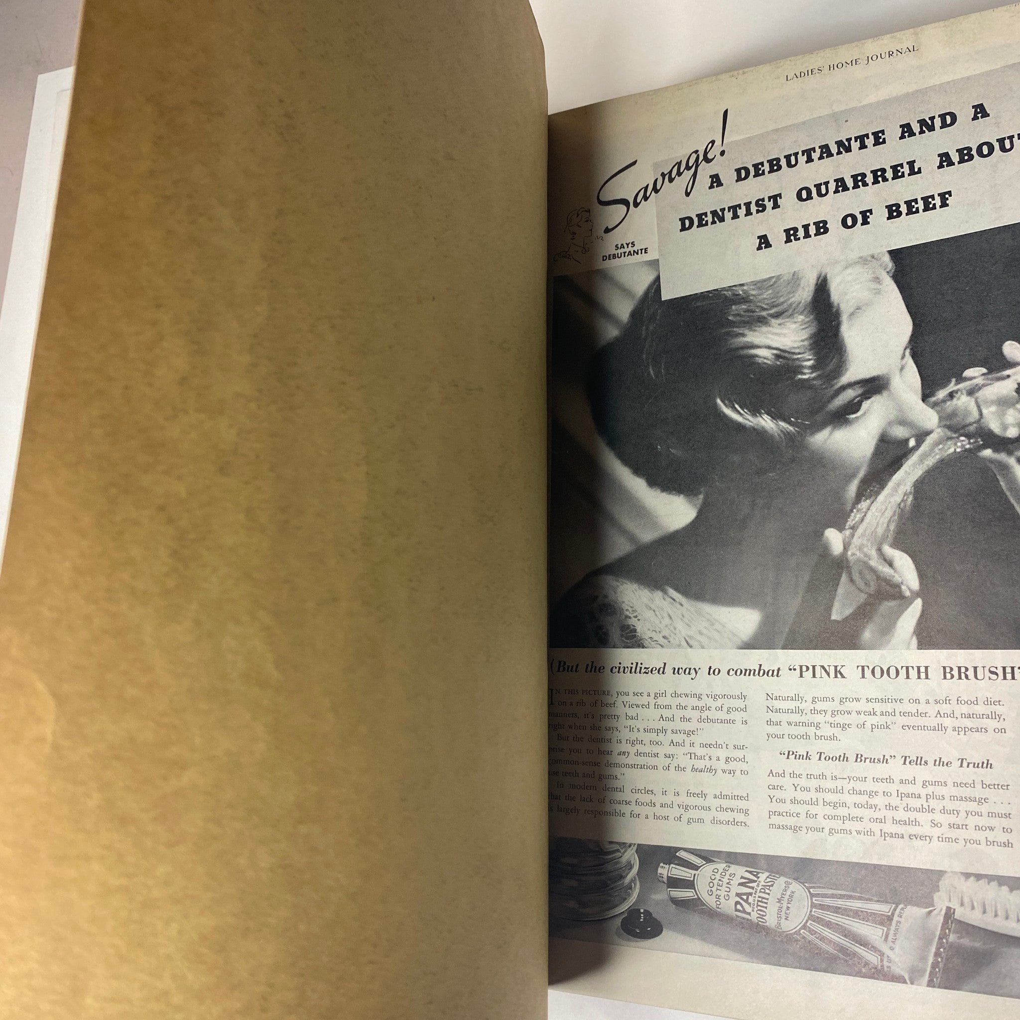 Ladies' Home Journal Bound Magazine 1936: An interior page from the March issue featuring a whimsical article on a social event, showcasing vintage fashion and dental care advertisements relevant to the era.