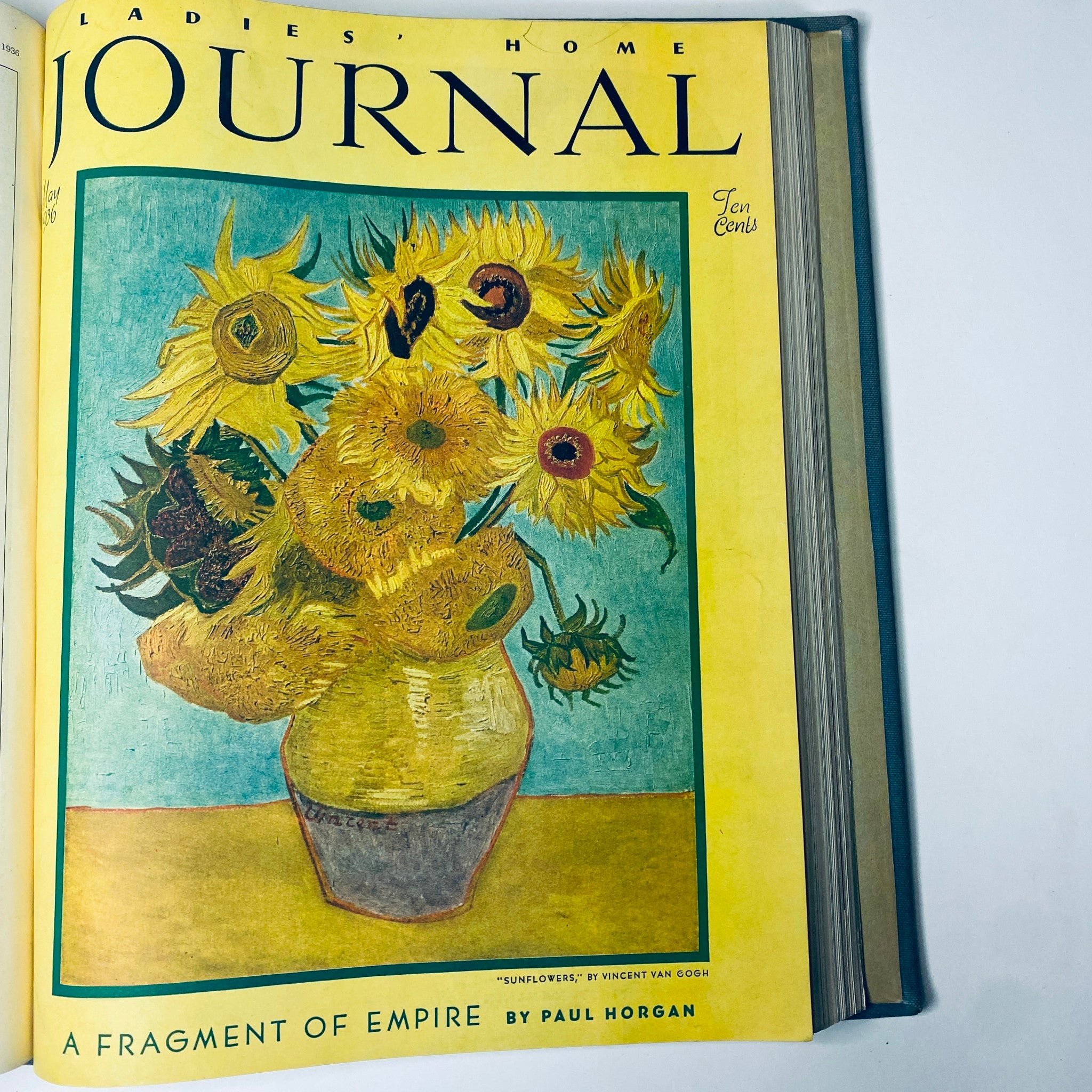 Ladies' Home Journal Bound Magazine 1936: The eye-catching cover of a vintage issue featuring Van Gogh's 'Sunflowers,' representing art and culture within the context of the magazine's stories and features.