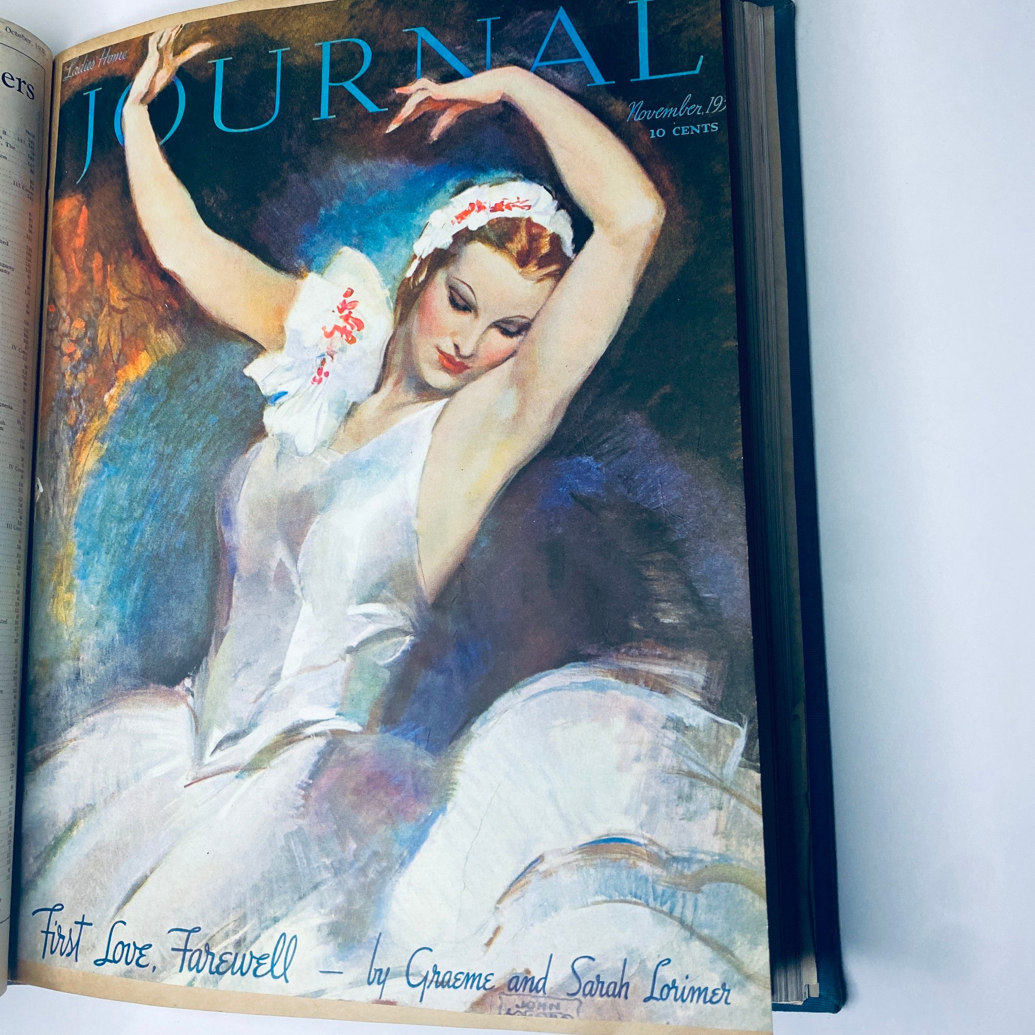 Cover page of the Ladies' Home Journal Bound Magazine 1936 featuring a beautiful ballet dancer in a white dress, with the title 'Ladies' Home Journal November 1936' and article 'First Love, Farewell' by Graeme and Sarah Loimer.