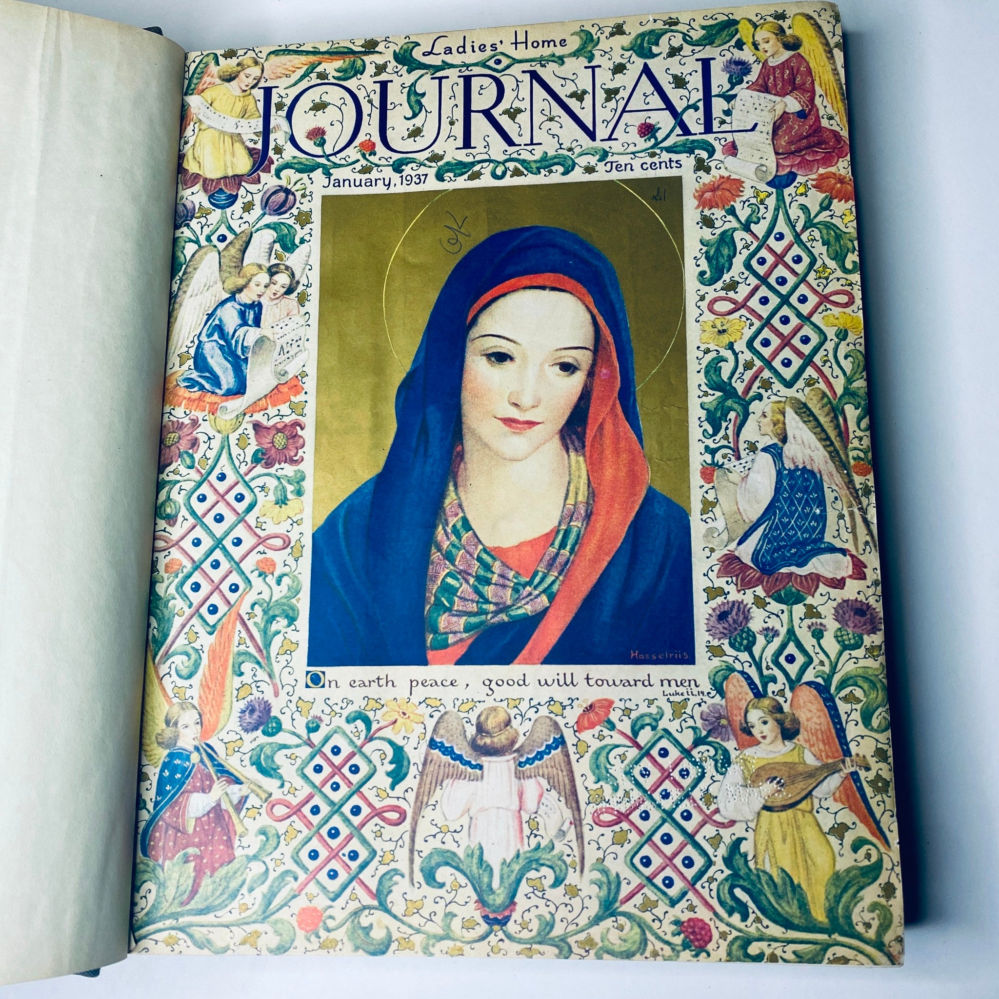 Ladies' Home Journal Bound Magazine 1937 Full Year January - December, featuring the January issue's cover art with a portrait of a woman, surrounded by intricate floral and angelic decorations.