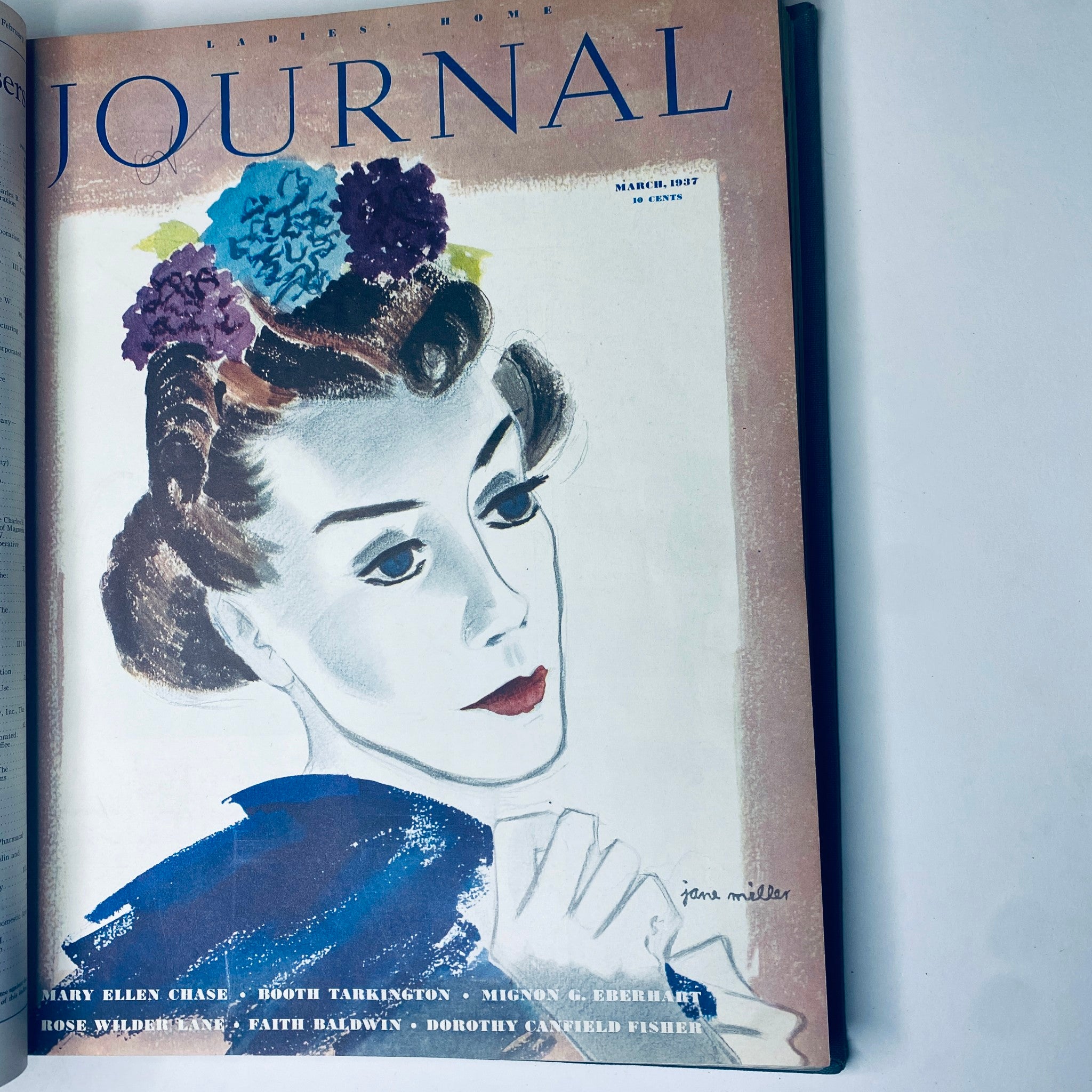 Cover of Ladies' Home Journal March 1937 showcasing a fashionable woman with a floral headdress, capturing the essence of women's magazine culture of the 1930s.