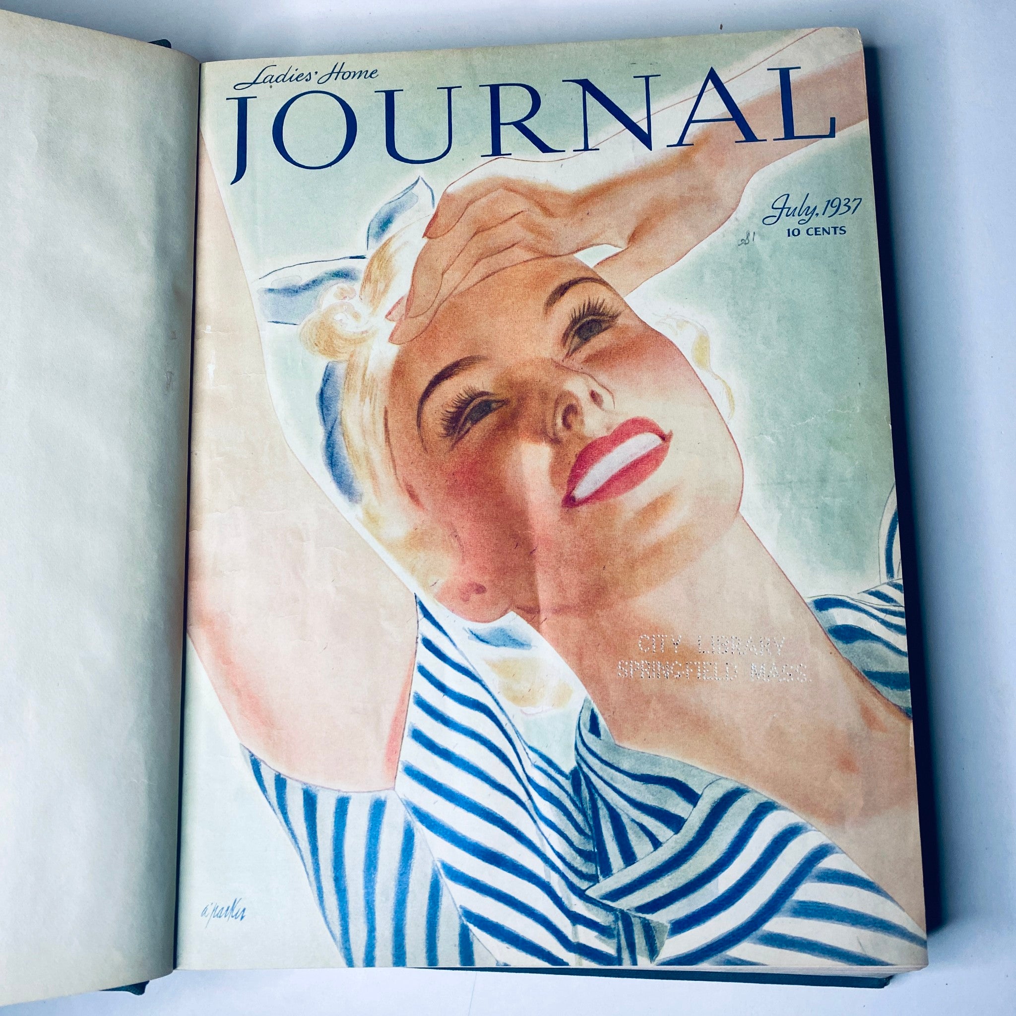Cover of Ladies' Home Journal for July 1937 featuring a stylized illustration of a woman with blonde hair wearing a striped shirt, showcasing fashion and beauty trends from the 1930s.
