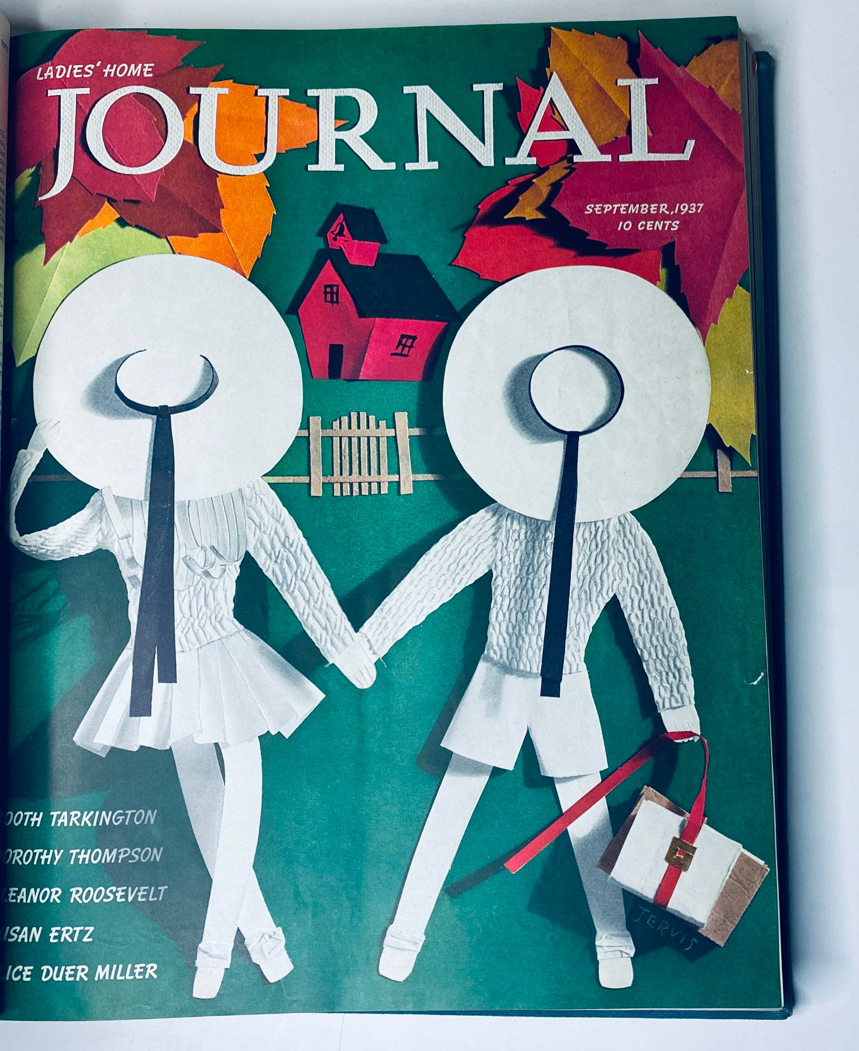 Cover of Ladies' Home Journal for September 1937 featuring a creative illustration of two paper dolls, adorned in hats and surrounded by autumn leaves, representing seasonal fashions.