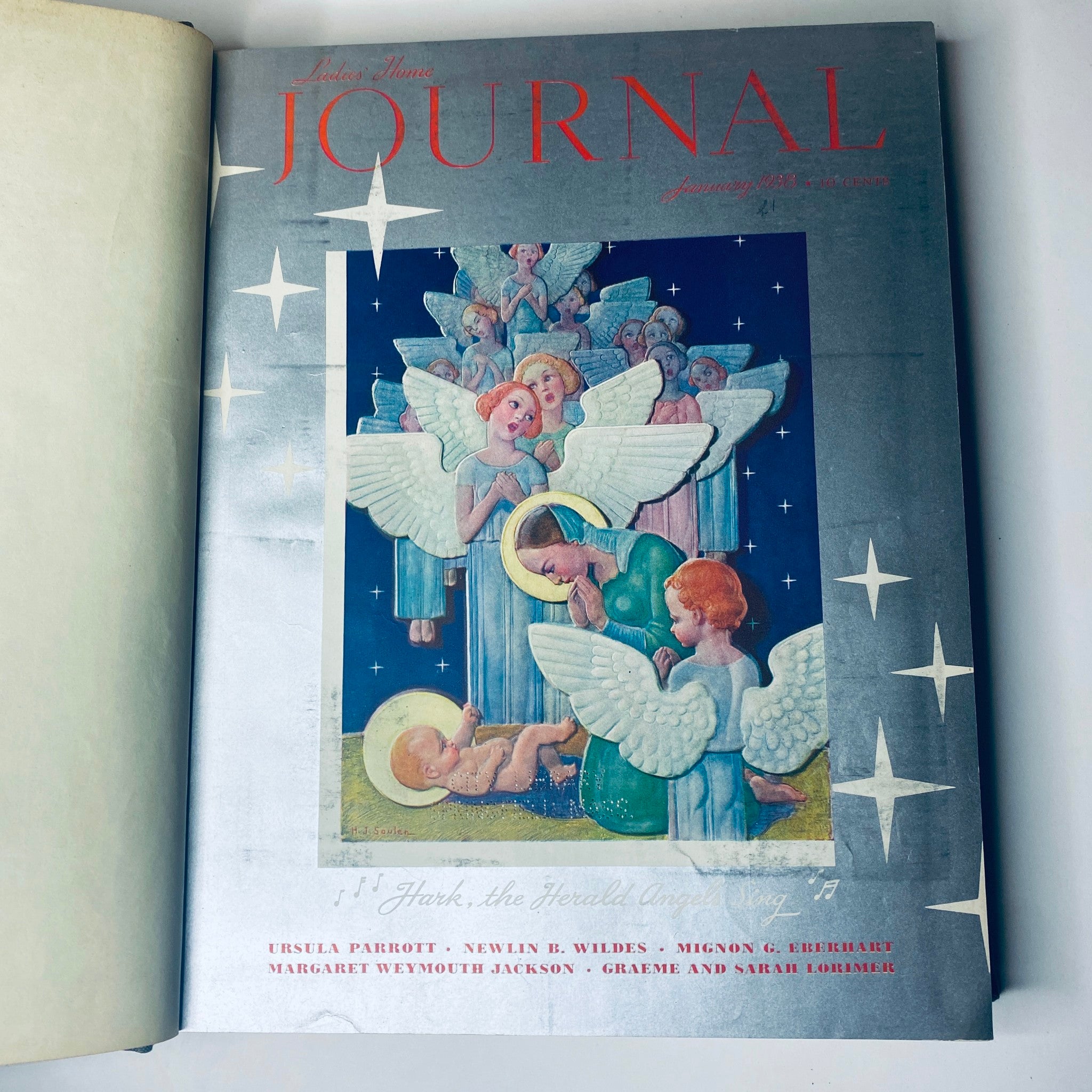 Ladies' Home Journal Library Bound Magazine 1938 - January cover featuring angels, showcasing the artistic style of the late 1930s.