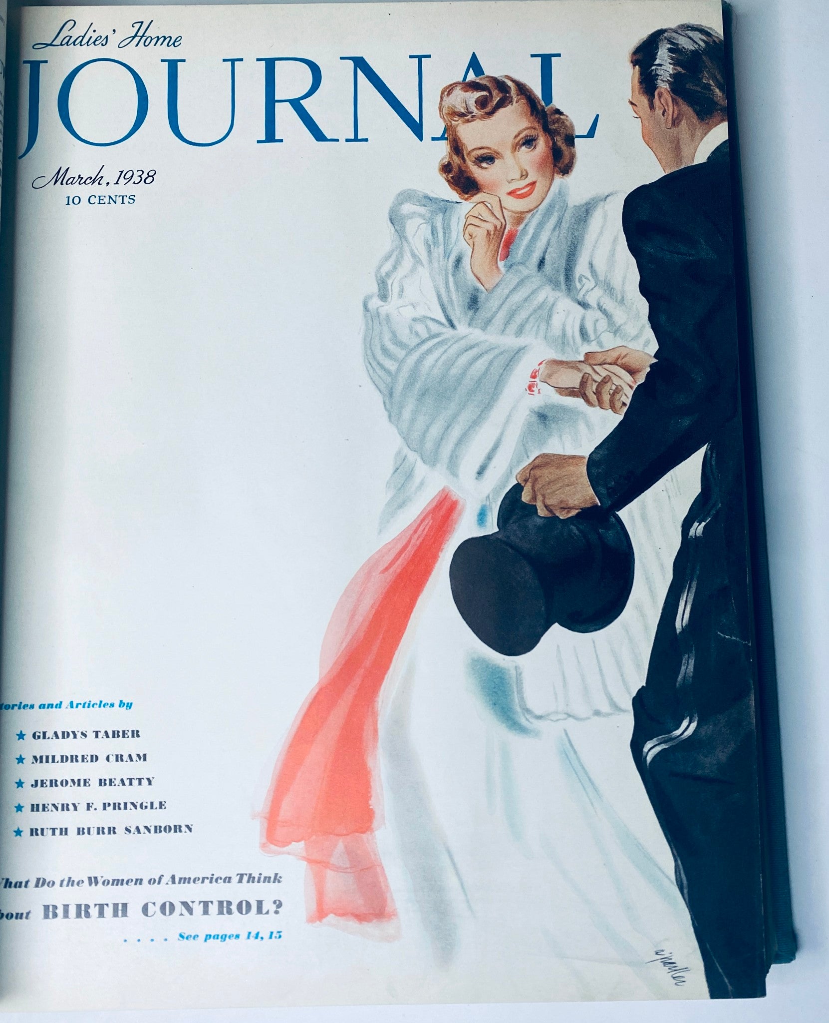 Ladies' Home Journal Library Bound Magazine 1938 - March cover featuring a woman in a glamorous dress, with discussion topics relevant to women's issues.
