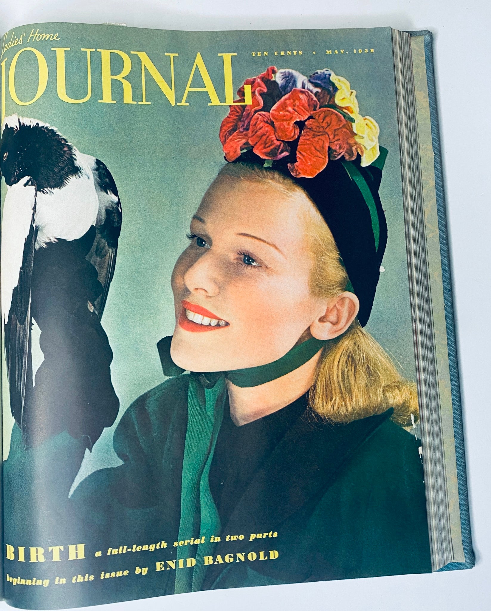 Ladies' Home Journal Bound Magazine 1938 Cover - May issue featuring a woman with flowers in her hair and a blackbird.