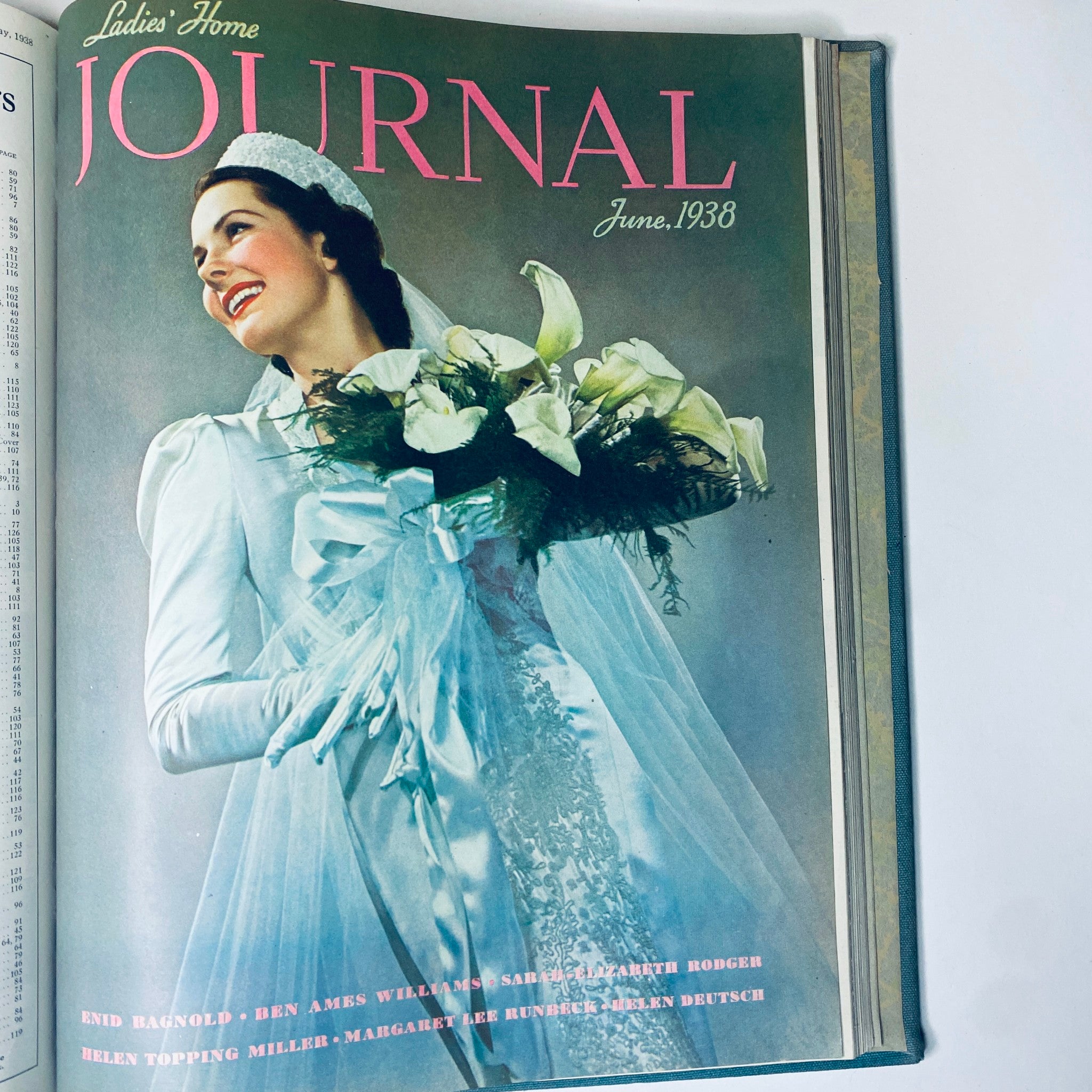 Ladies' Home Journal Bound Magazine 1938 Cover - June issue showcasing a woman in a wedding dress holding a bouquet of lilies.