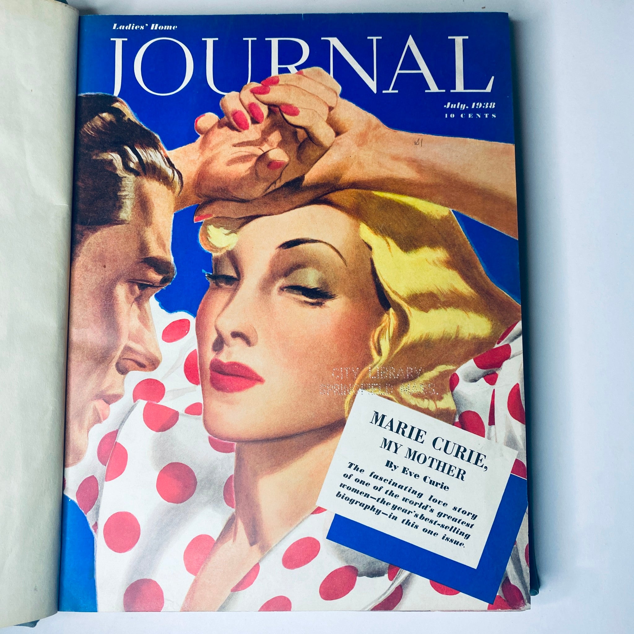 Cover of the Ladies' Home Journal July 1938 issue, showcasing a glamorous couple with bold red nails and vibrant colors, highlighting Marie Curie's biography.