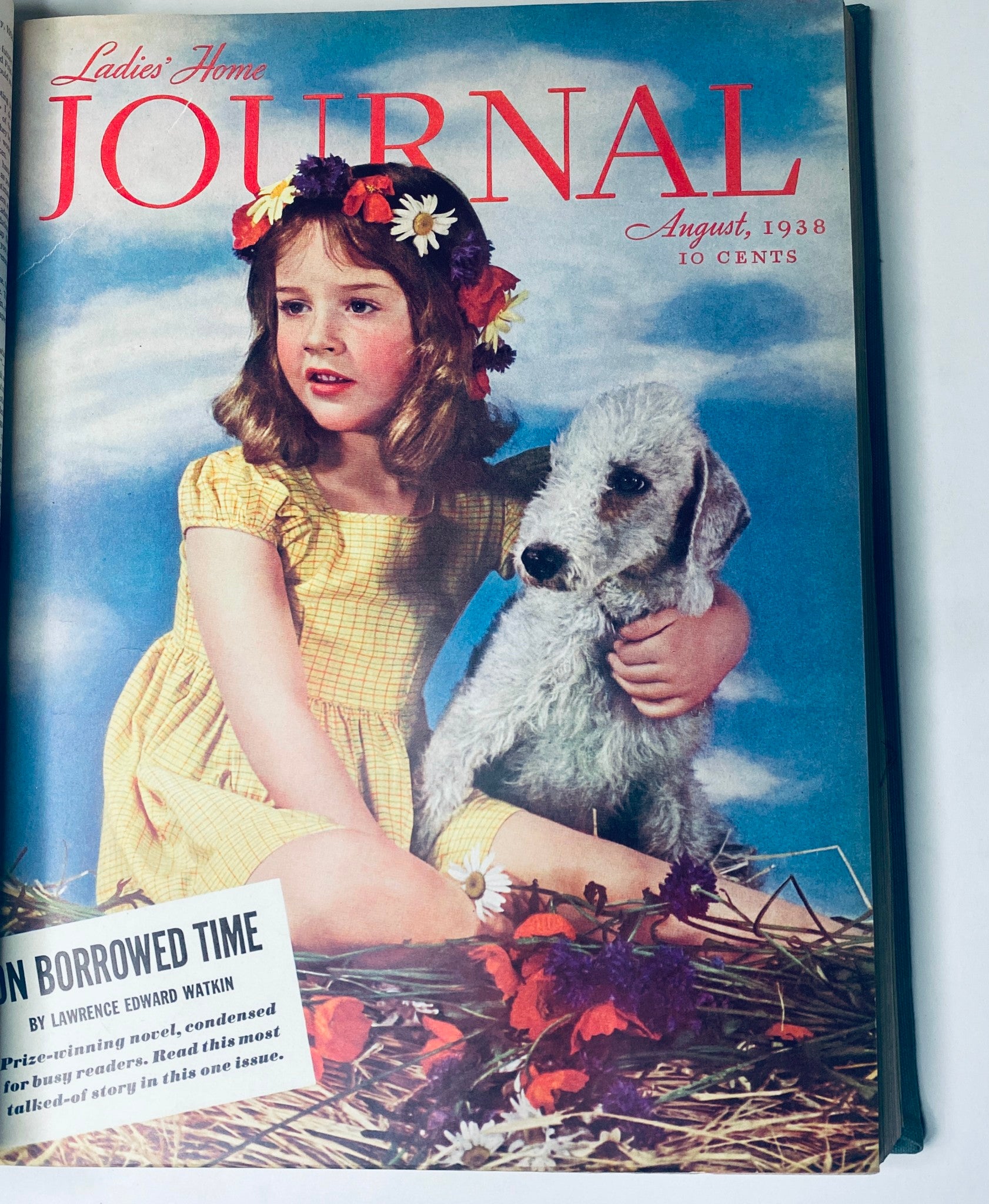 Cover of the Ladies' Home Journal August 1938 issue, featuring a young girl with flowers and a dog, capturing the essence of vintage childhood charm.
