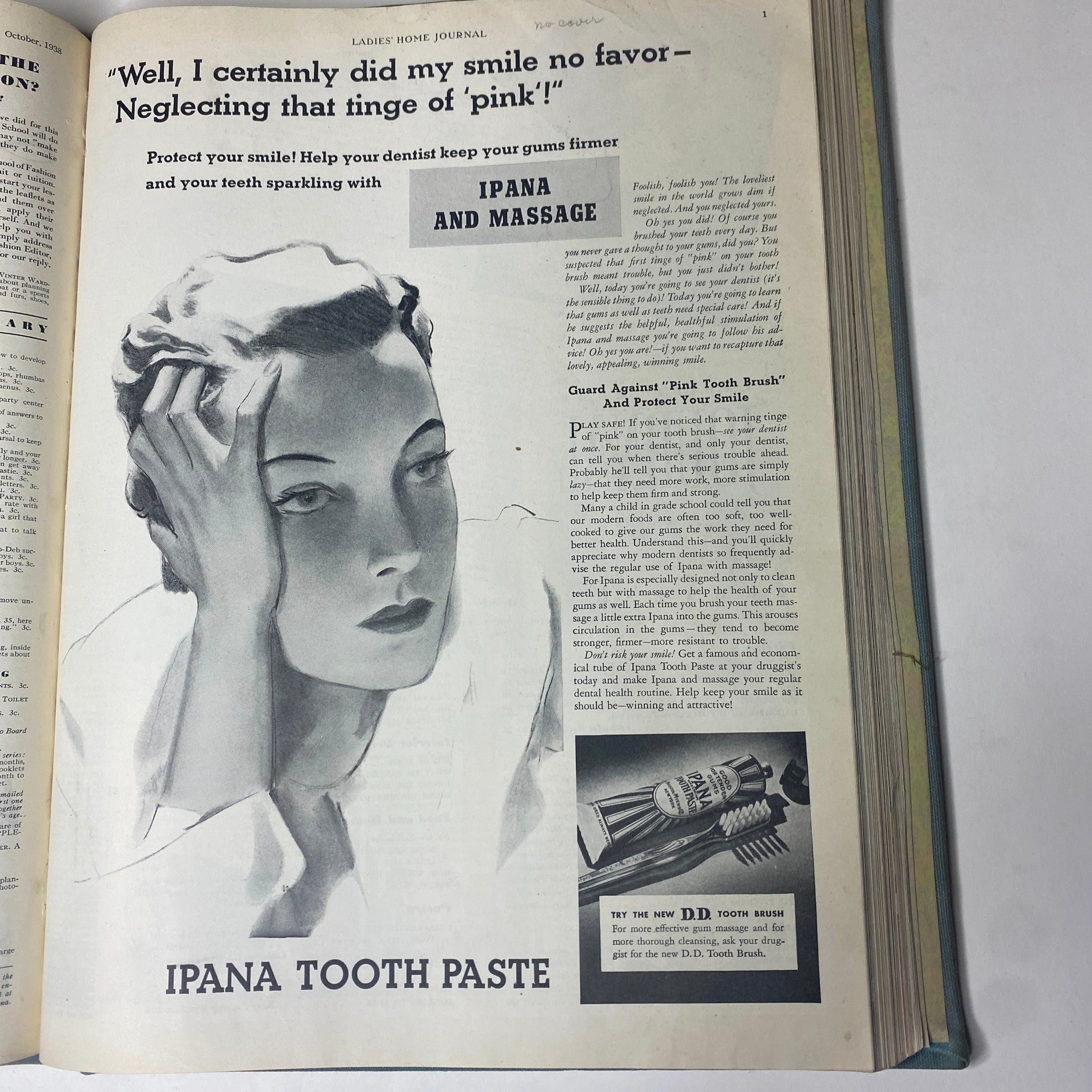 Vintage advertisement from the Ladies' Home Journal, featuring a woman with a pensive expression promoting Ipana Tooth Paste, highlighting dental care for a bright smile.