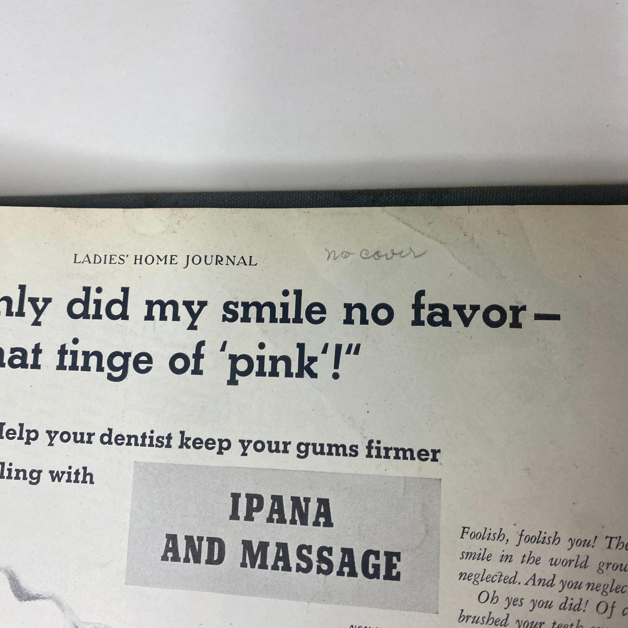 Close-up of an advertisement from the Ladies' Home Journal. It emphasizes the importance of oral hygiene with Ipana Tooth Paste and message to protect your smile.