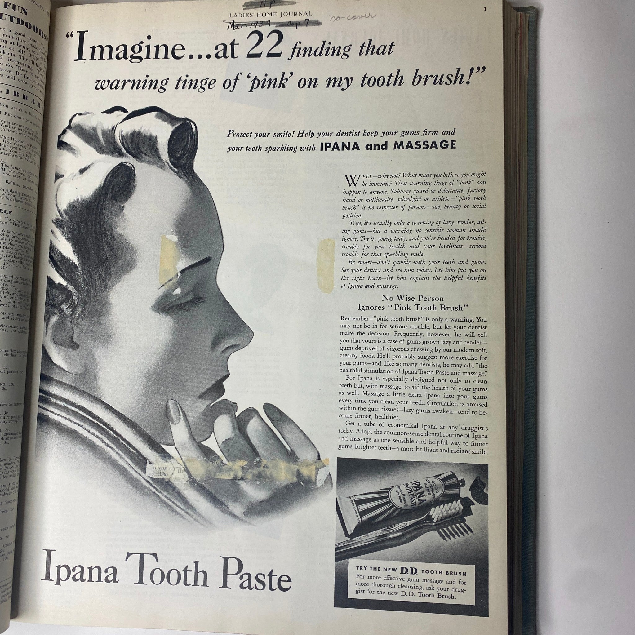 An advertisement for Ipana Tooth Paste from Ladies' Home Journal, showcasing a vintage beauty portrait and emphasizing oral health.
