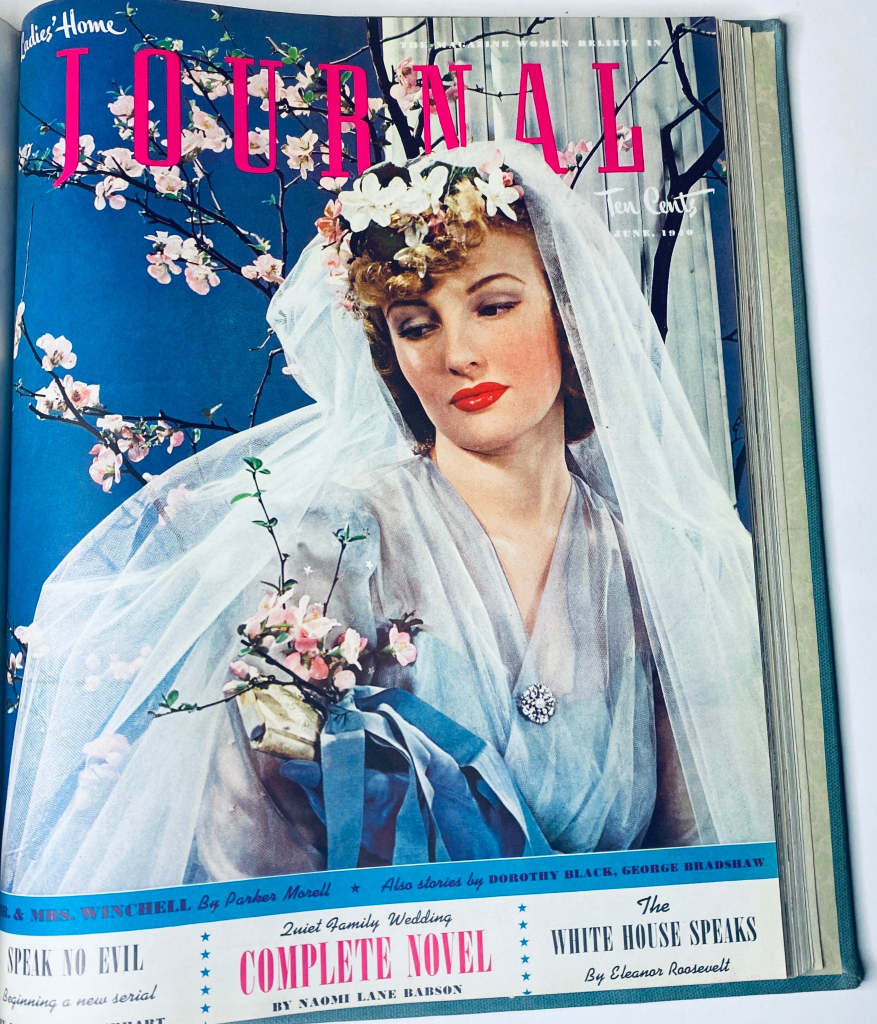 Cover of Ladies' Home Journal Library Bound Magazine 1940 featuring a bridal-themed illustration with pink font and floral design, showcasing the full year from January to December.