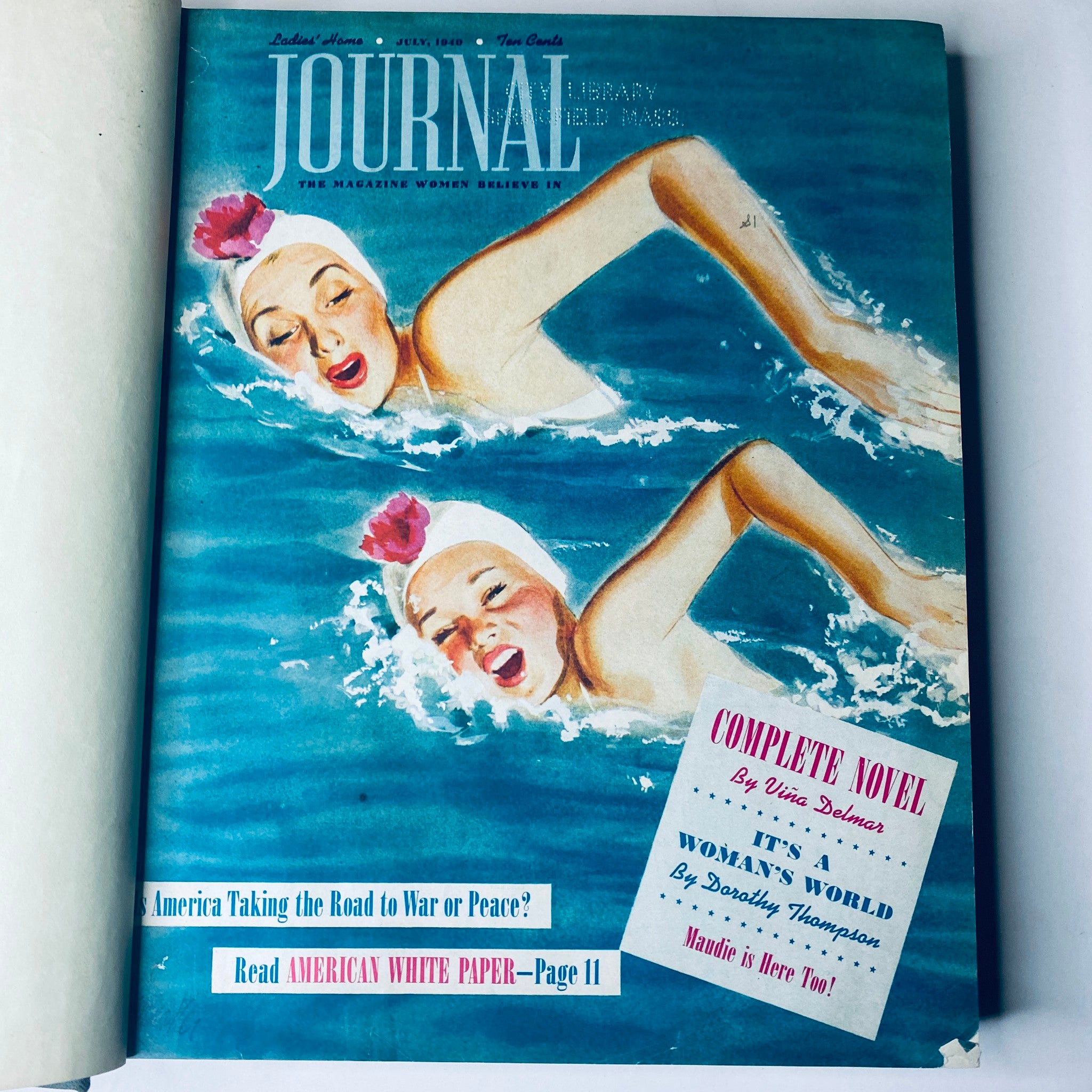 Ladies' Home Journal Bound Magazine 1940 - Cover featuring two women swimming, July issue, showcasing vibrant colors and a summer theme.