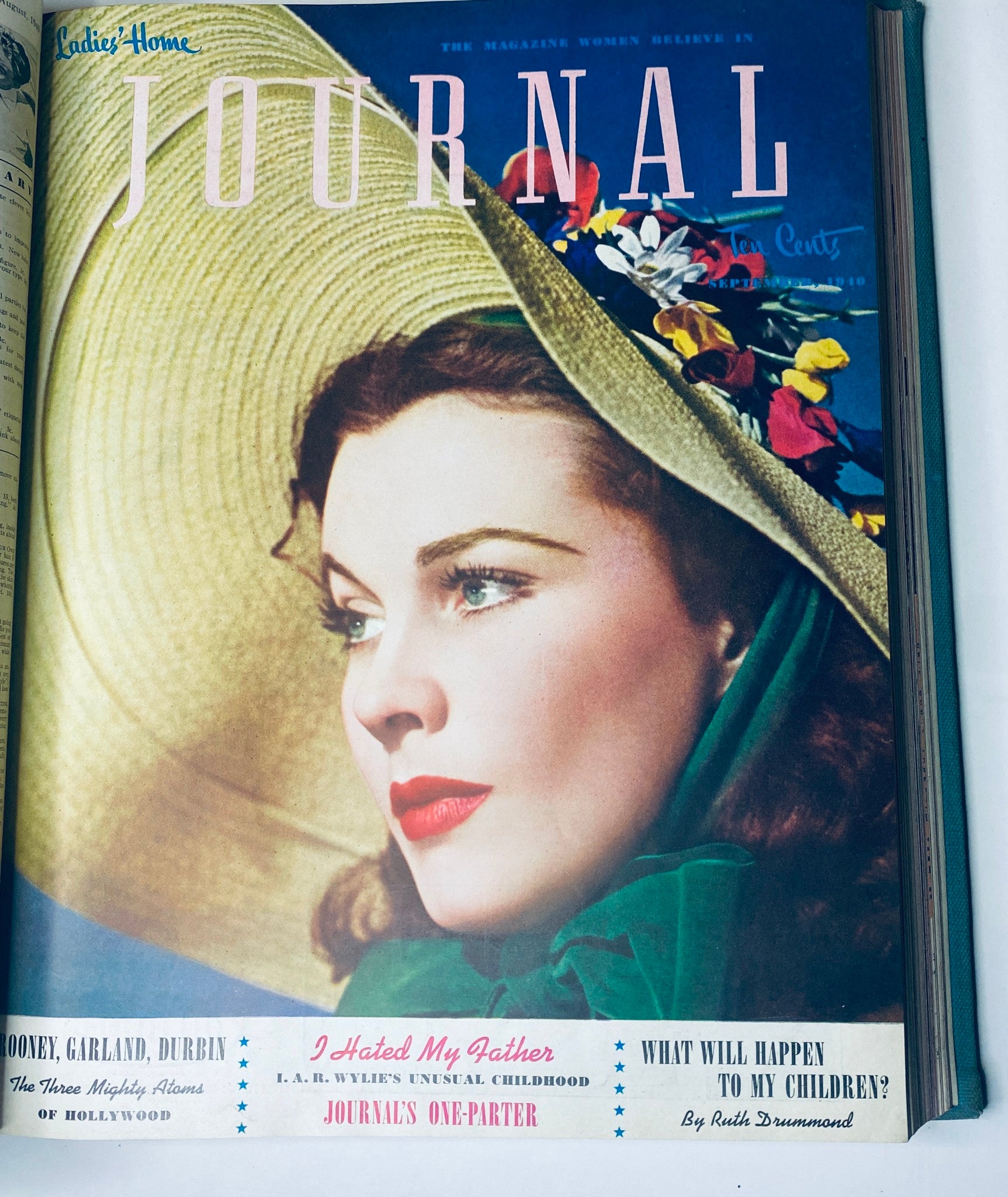 Ladies' Home Journal Bound Magazine 1940 - Cover depicting a woman in a wide-brimmed hat, highlighting fashion trends from September 1940.
