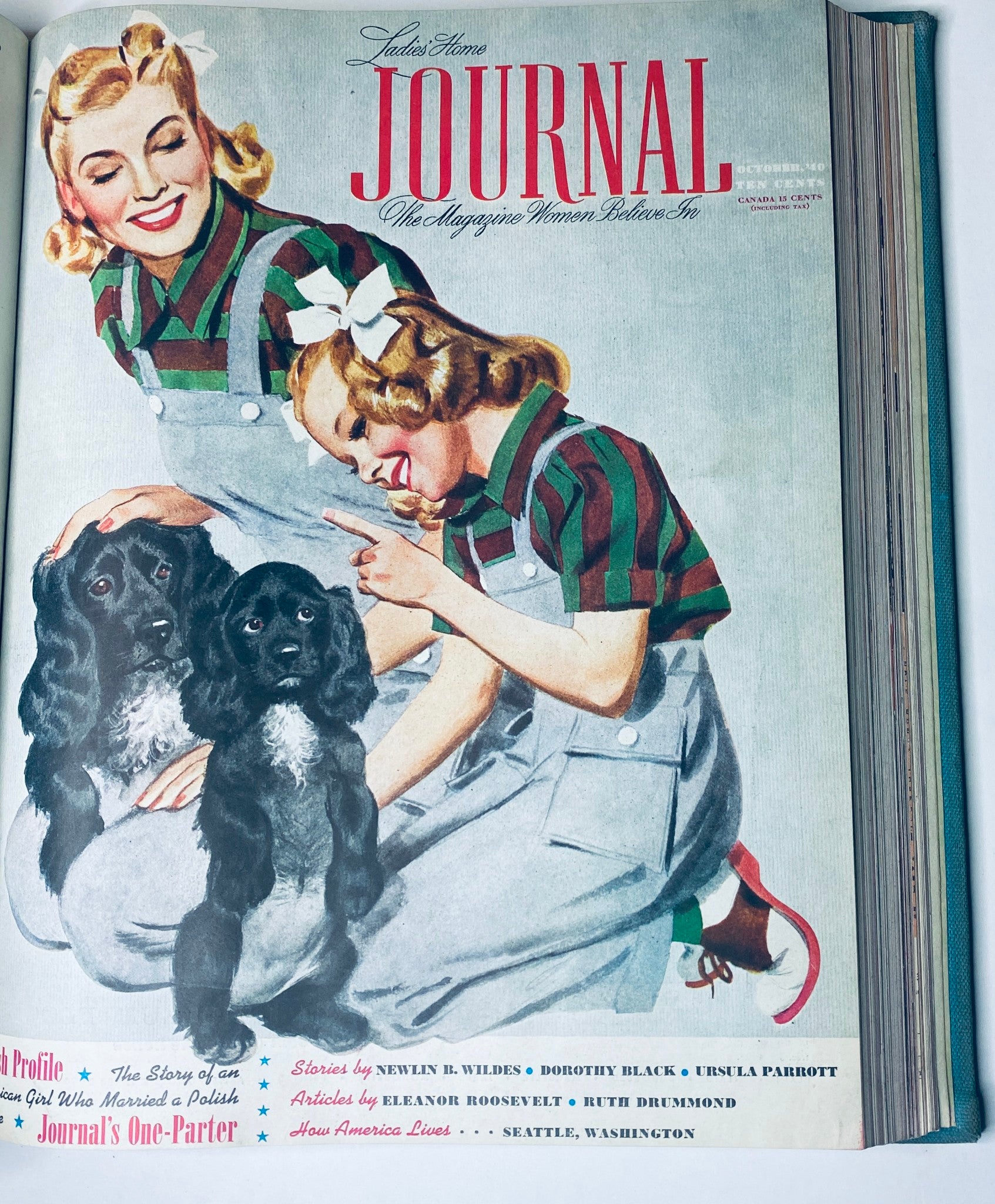 Ladies' Home Journal Bound Magazine 1940 - Cover of the October issue showing two girls with puppies, featuring a playful and heartwarming scene.