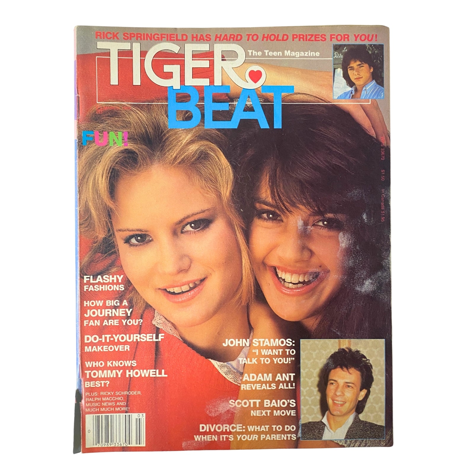 March 1984 cover of Tiger Beat Magazine featuring Jennifer Jason Leigh and Phoebe Cates, highlighting articles on Rick Springfield, John Stamos, and flash fashion tips.