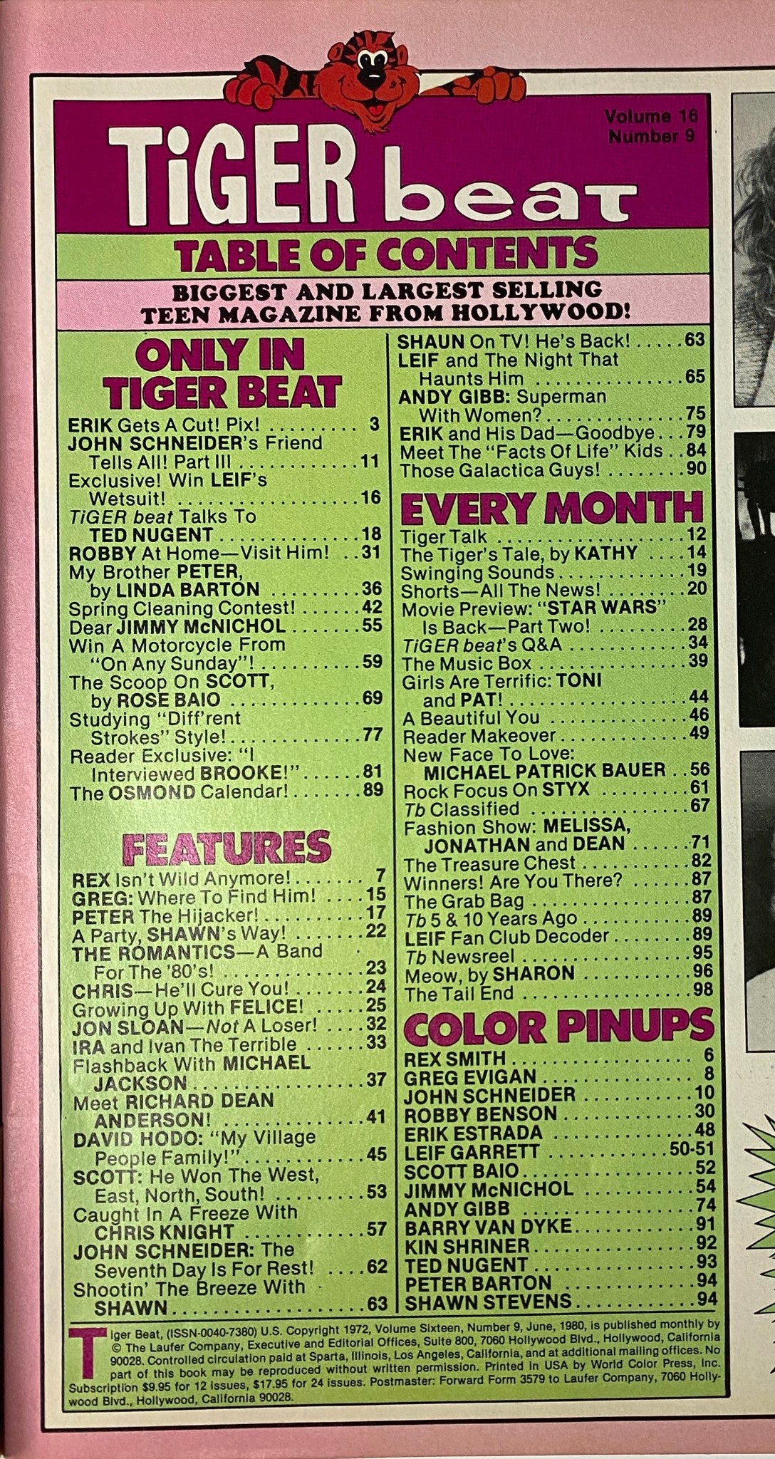 Table of contents from Tiger Beat Magazine, June 1980, detailing exclusive interviews and features on popular teen idols and the latest trends in pop culture.