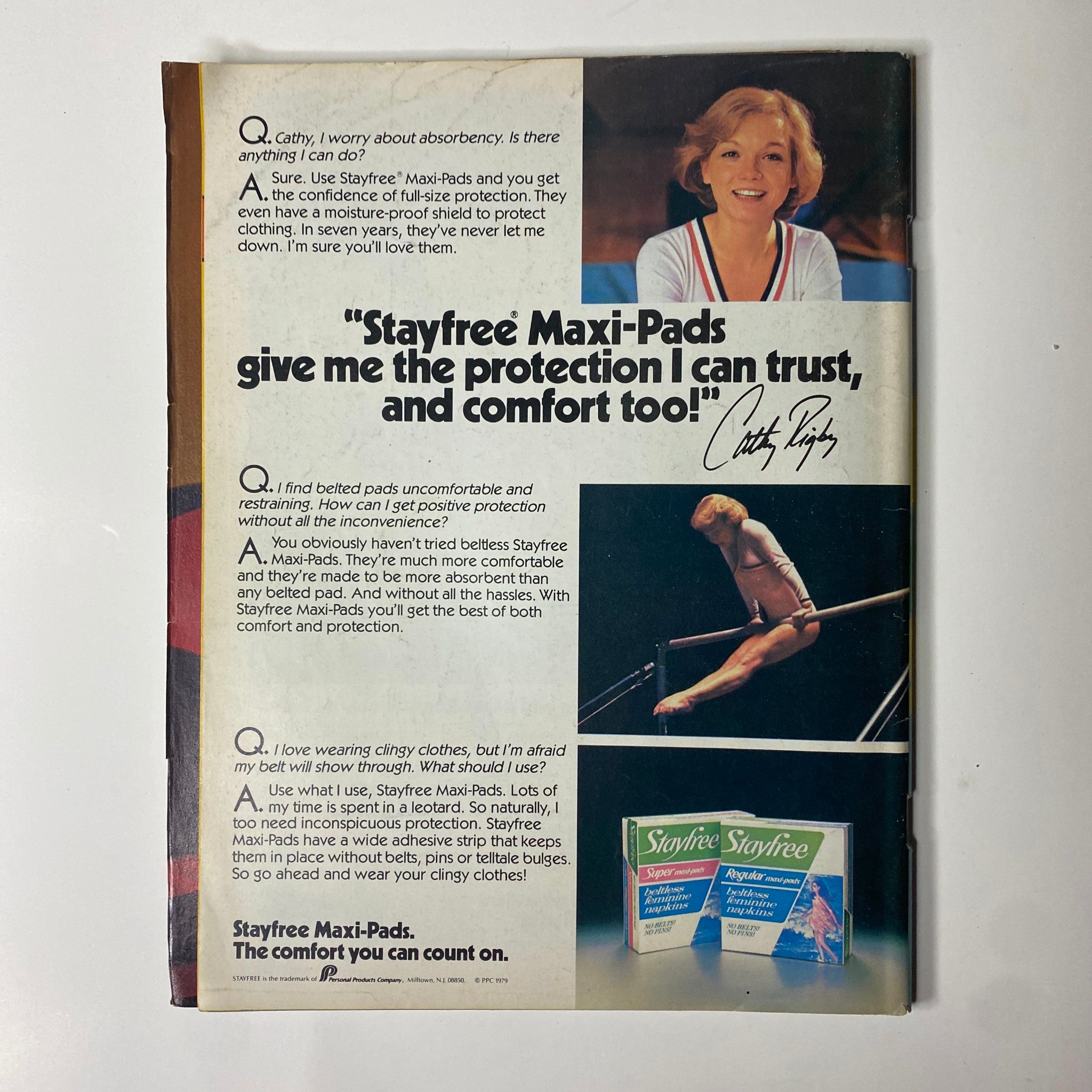 Advertisement featuring Stayfree Maxi-Pads with a testimonial by Cathy Rigby, highlighting comfort and protection, featured in Tiger Beat Magazine June 1980.