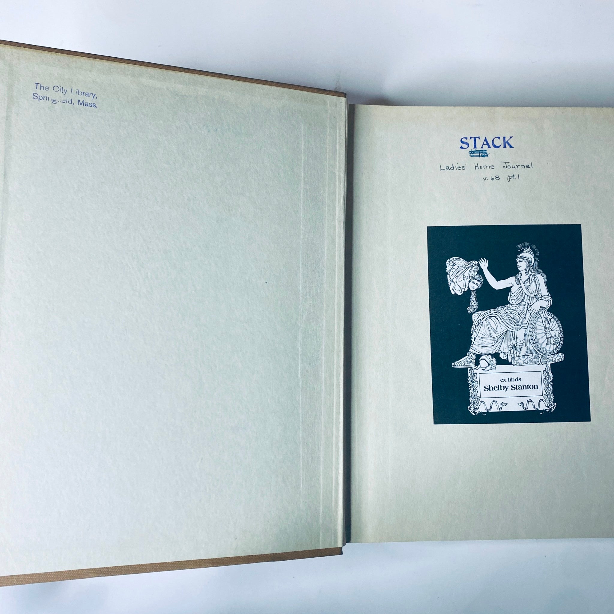 Interior page of the Ladies' Home Journal Bound Magazine 1951 showcasing a decorative ex libris plate belonging to Shelby Stanton.
