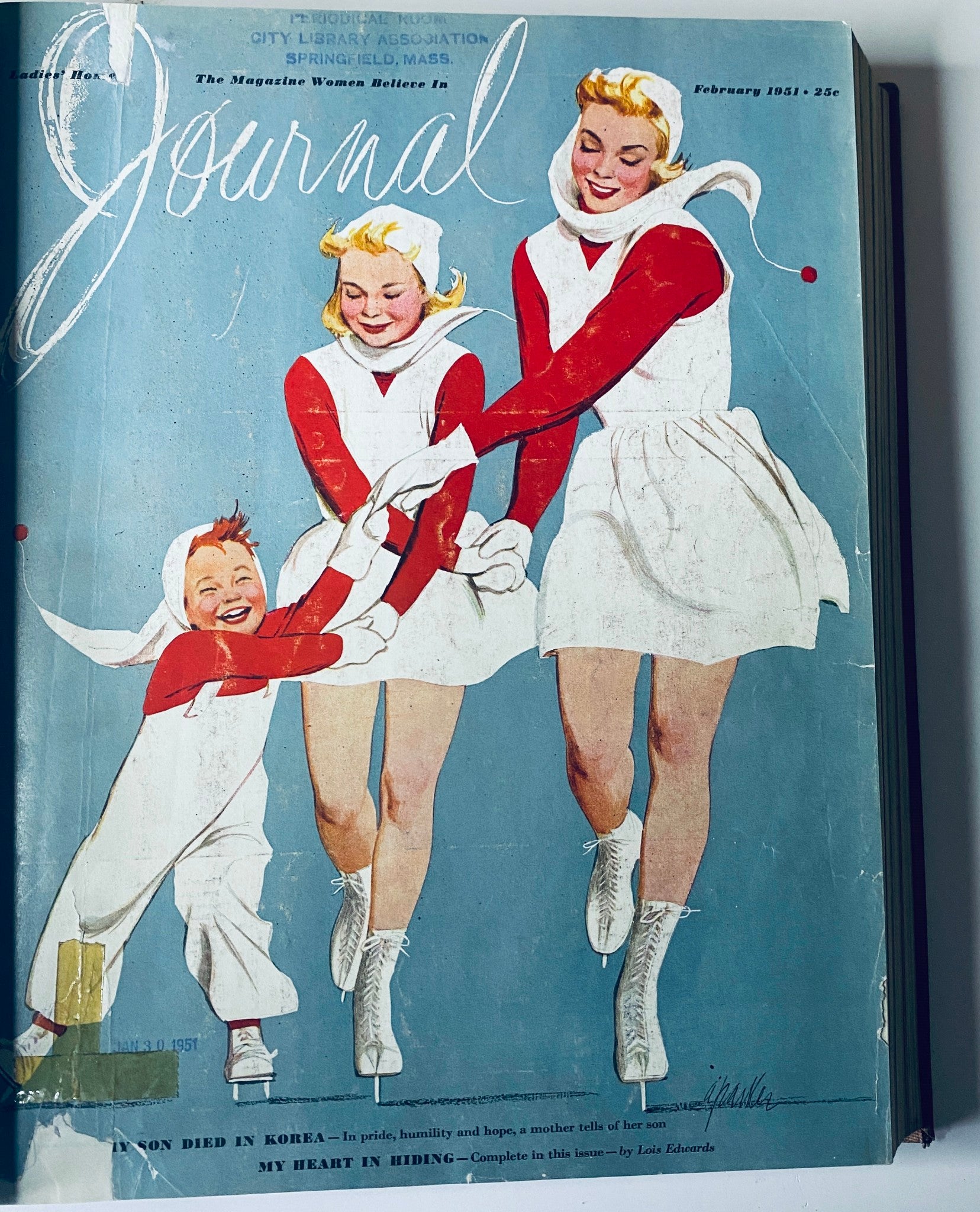 Cover of Ladies' Home Journal February 1951 illustrated with two women and a child dressed in winter outfits, reflecting the era's styles.