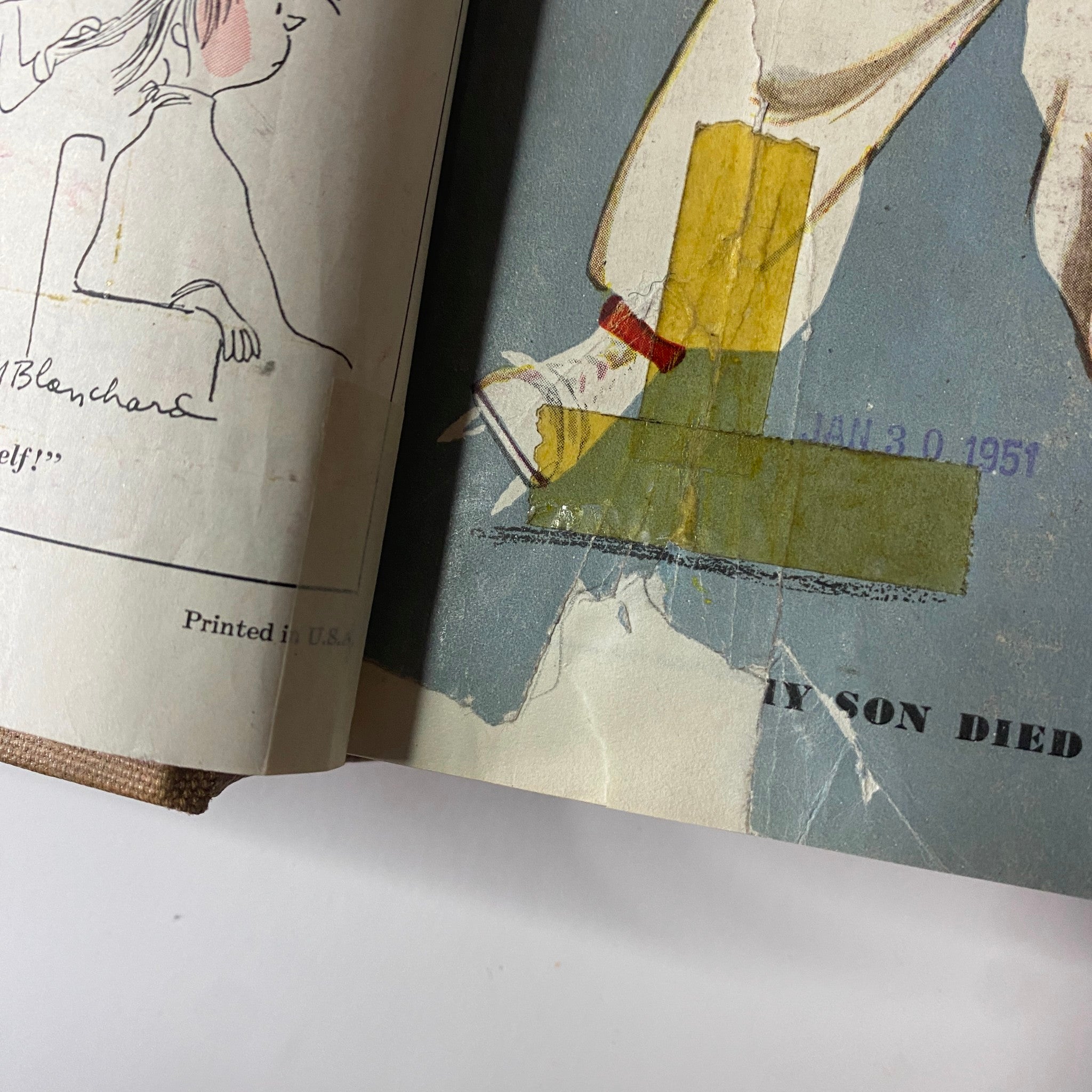 Inside view of Ladies' Home Journal February 1951 showing a vintage magazine spread with a tear and tape repair, highlighting its use.
