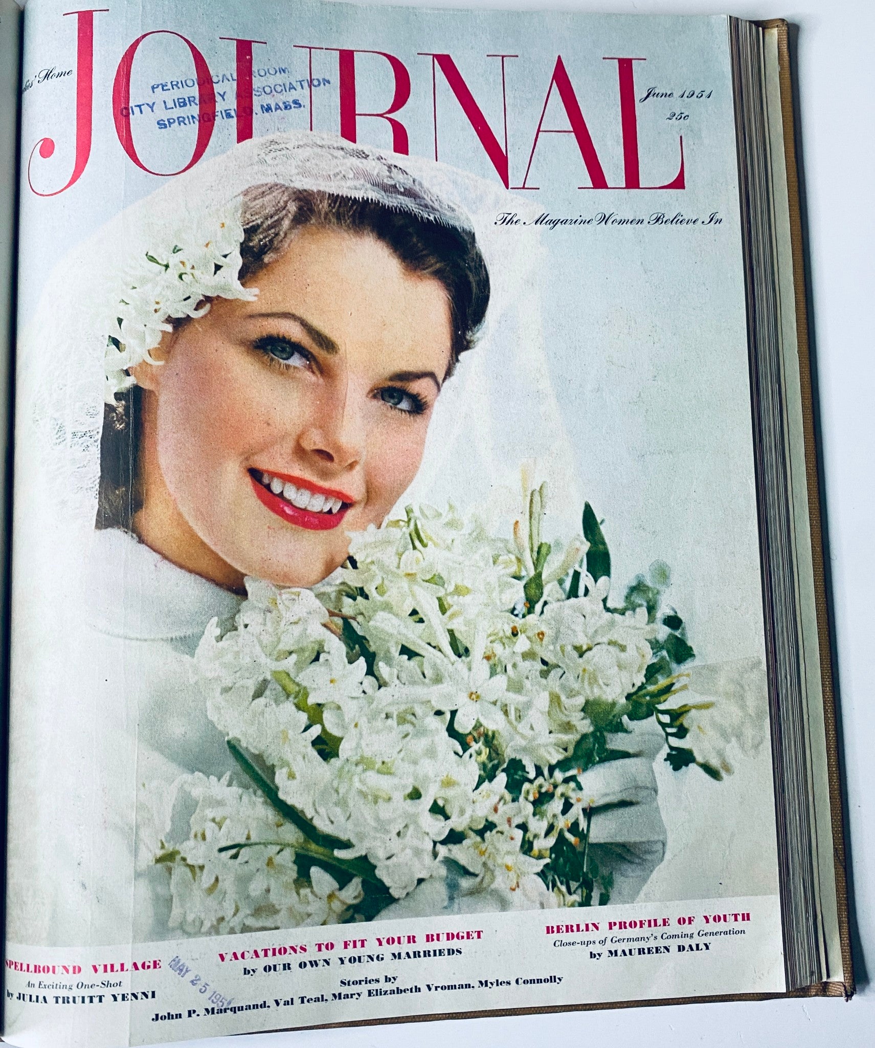 Cover of Ladies' Home Journal June 1951 magazine displaying a woman in a wedding dress holding white flowers, embodying the elegance of the era. This image connects with themes of romance and femininity.