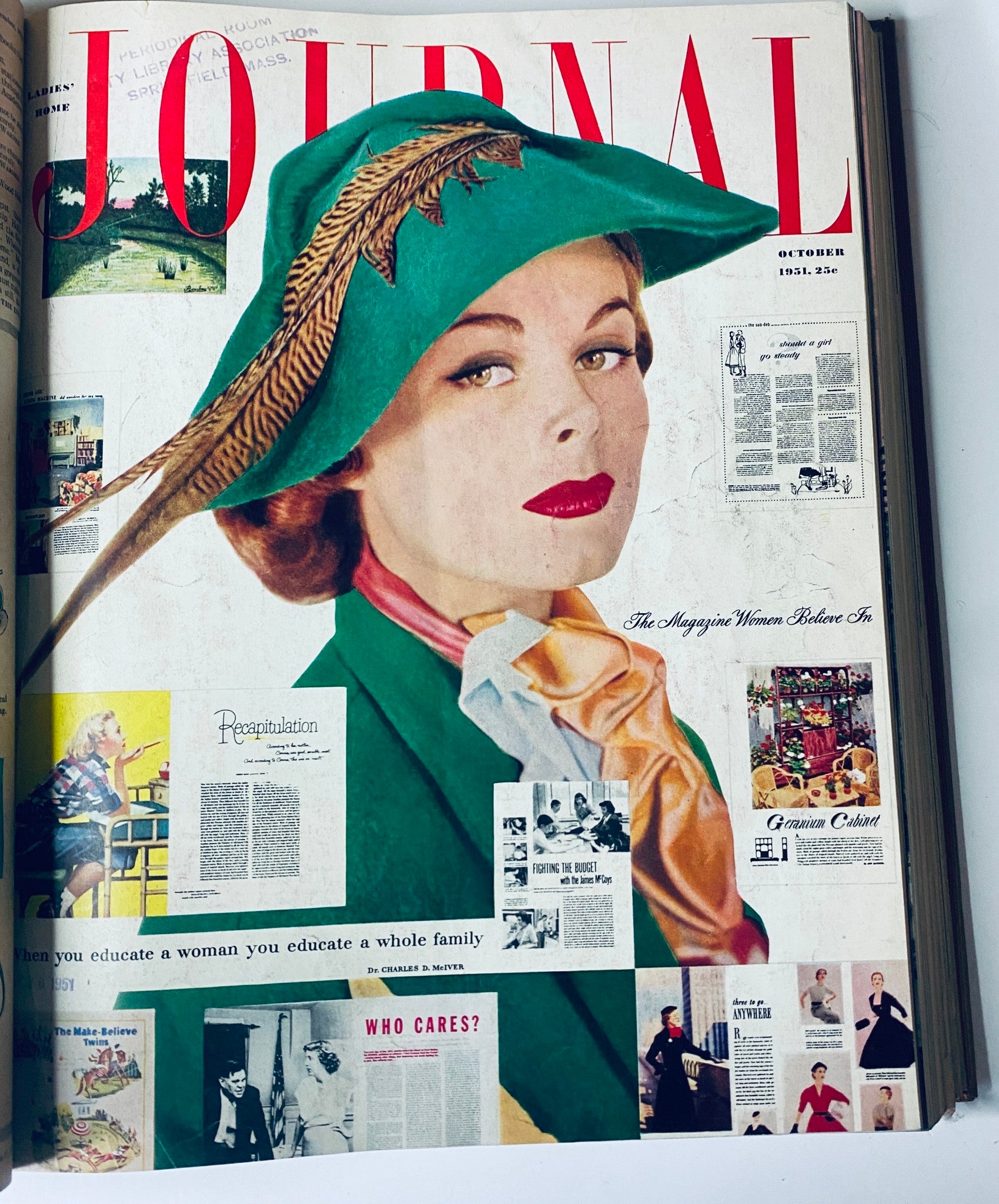 Cover of Ladies' Home Journal, October 1951, showcasing a woman in a green hat with a feather, adorned with a red and yellow scarf. Highlights the magazine's vintage fashion aesthetic.