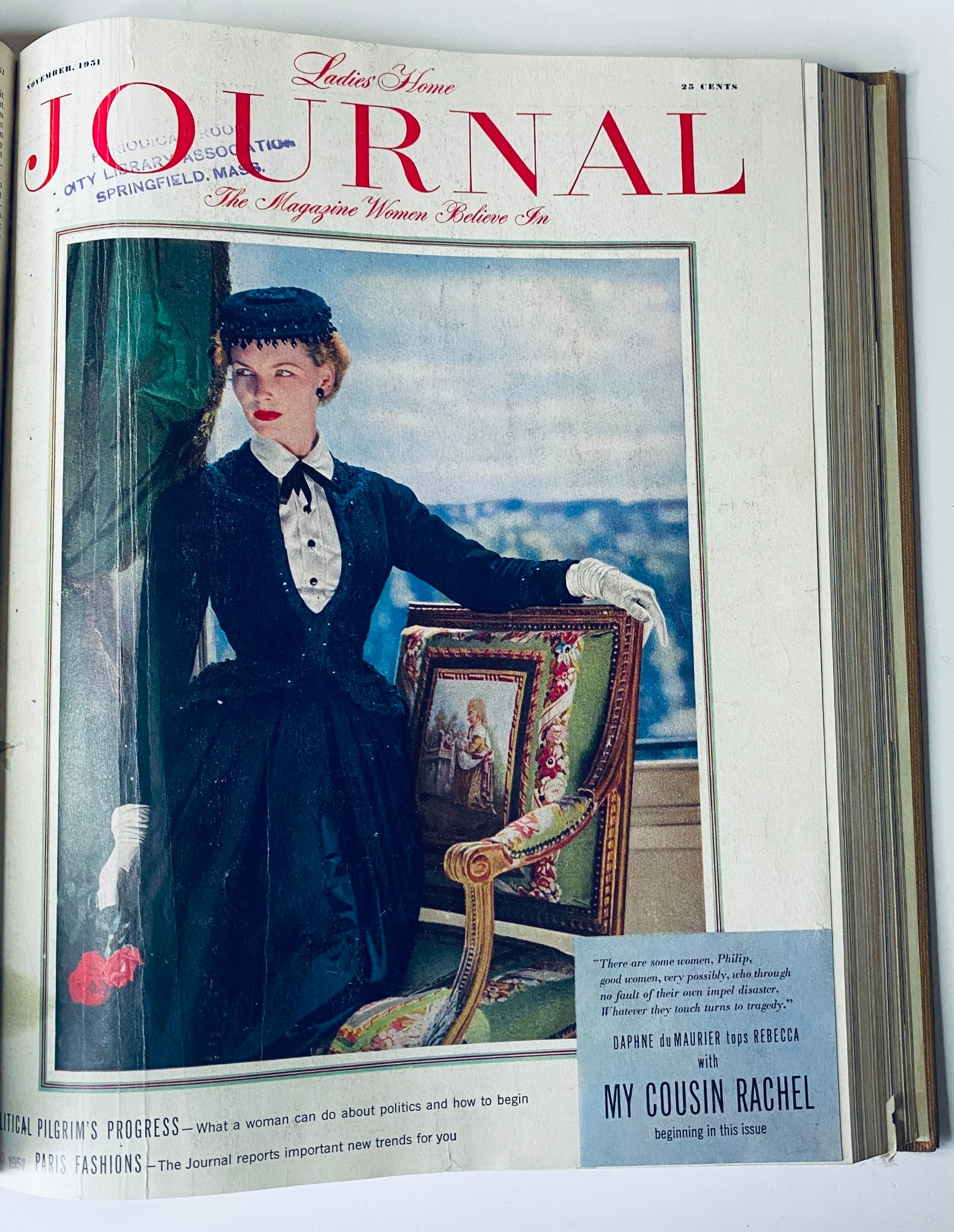 Cover of Ladies' Home Journal, November 1951, depicting a woman in a tailored black dress with a white collar, seated on an ornate chair. The cover features artistic elements and a bold title.