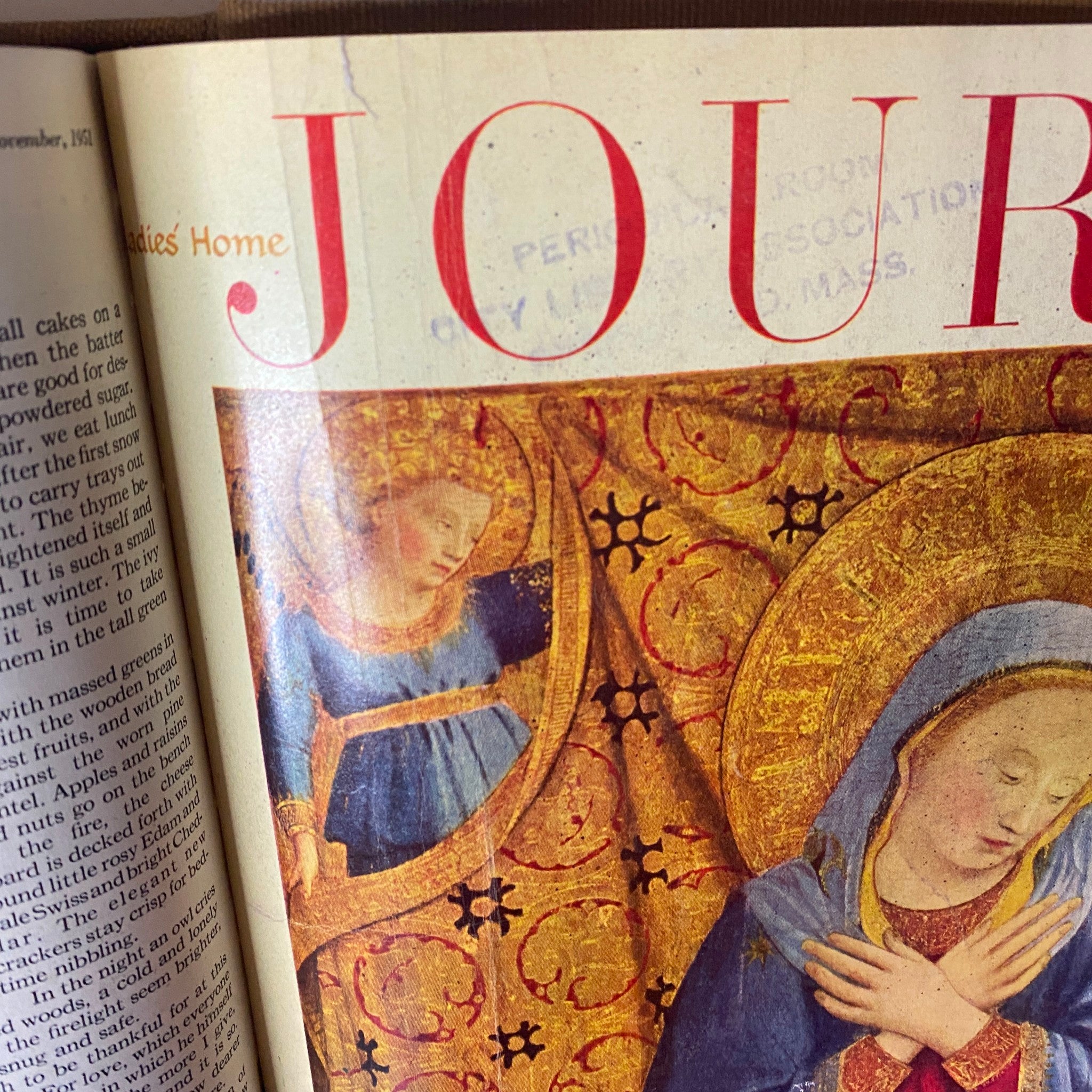 Detailed image from the December 1951 issue of Ladies' Home Journal, focusing on a close-up of the religious artwork featuring angels and the Virgin Mary. Emphasizes the magazine's vintage and cultural significance.