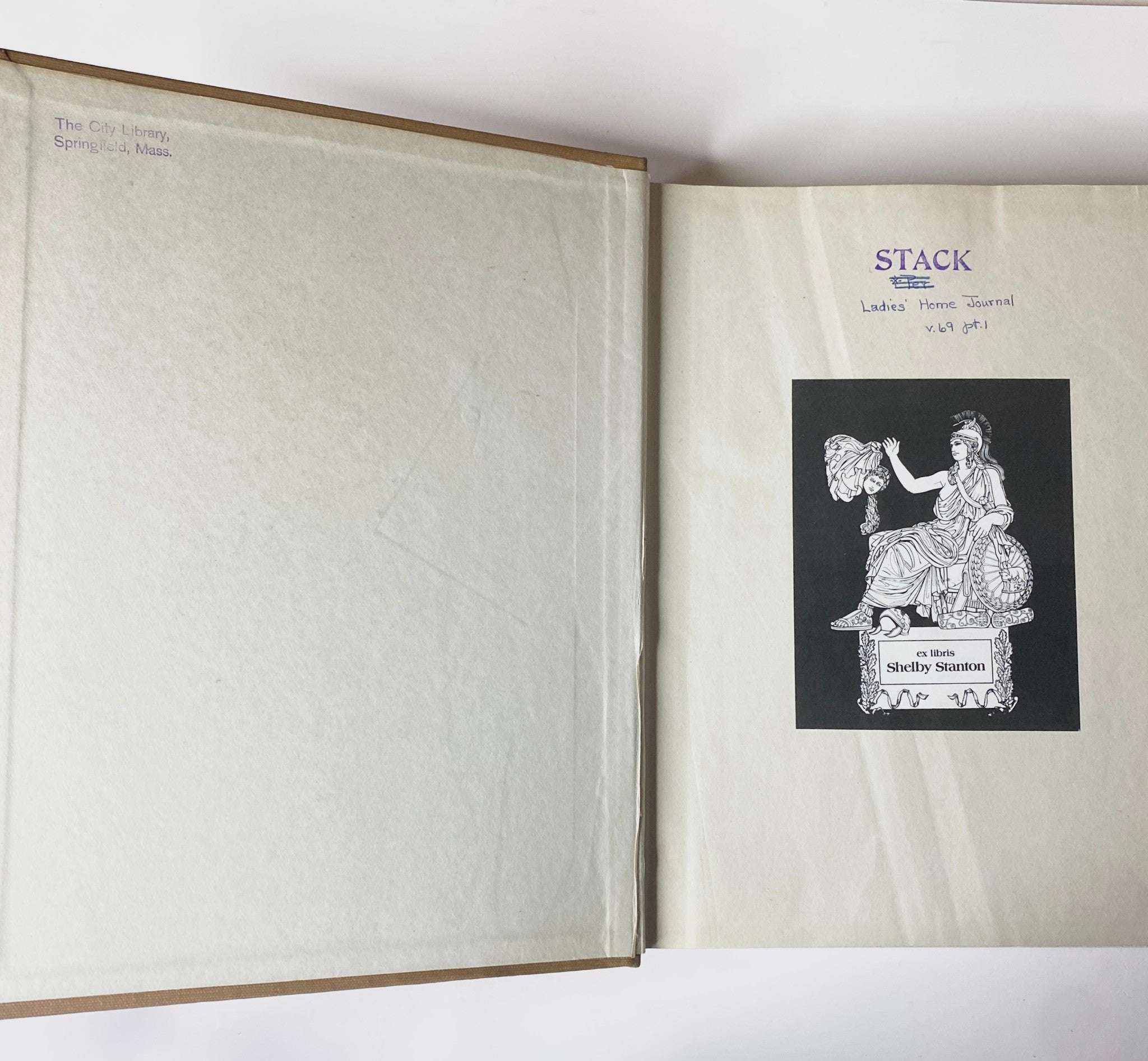 Inside view of the Ladies' Home Journal library bound magazine 1952, featuring an illustration and library markings. This image is part of the Ladies' Home Journal Library Bound Magazine 1952 Full Year January - December.