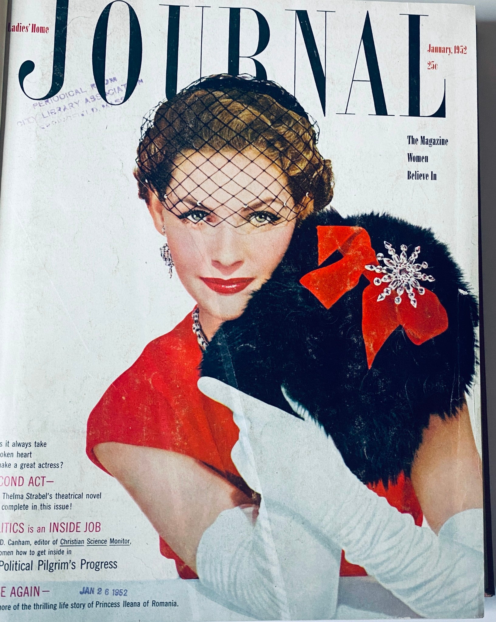 Cover of the January 1952 issue of Ladies' Home Journal, showcasing a glamorous model in red attire with bold lipstick and a fashionable hat, highlighting the magazine's theme for the Ladies' Home Journal Library Bound Magazine 1952 Full Year January - December.