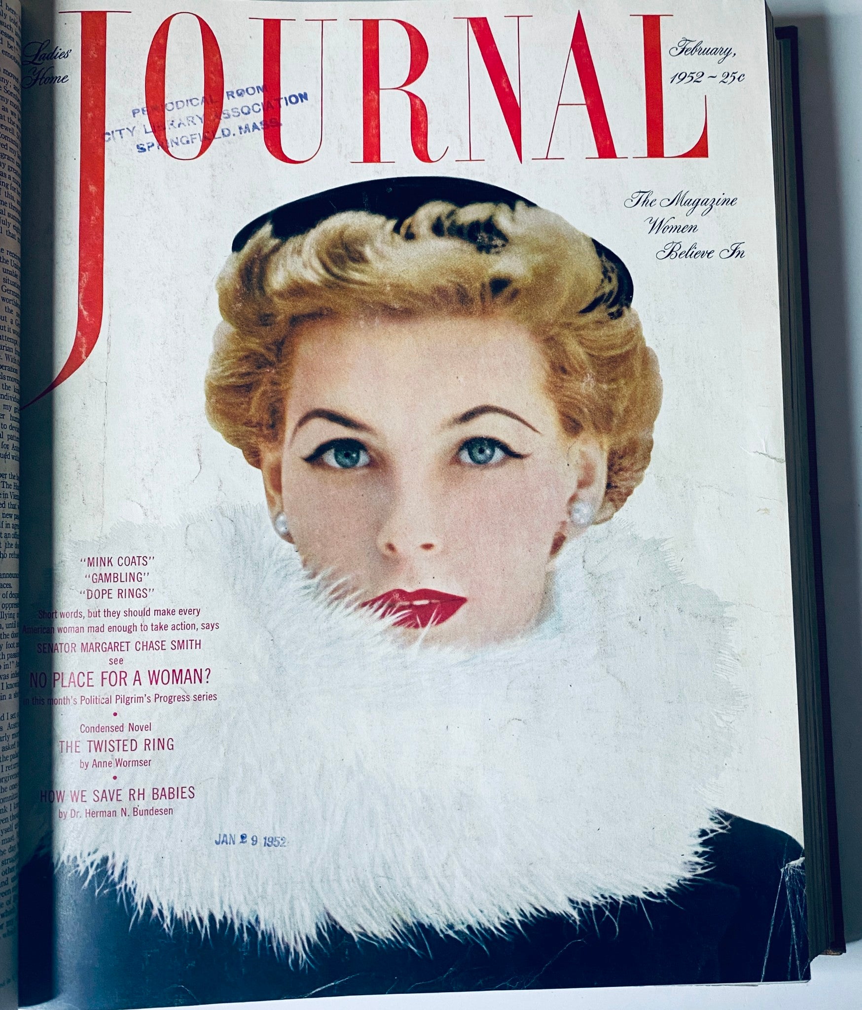 Cover of the February 1952 issue of Ladies' Home Journal, featuring a stylish blonde model in sophisticated attire, promoting the magazine’s appeal to women in the Ladies' Home Journal Library Bound Magazine 1952 Full Year January - December.