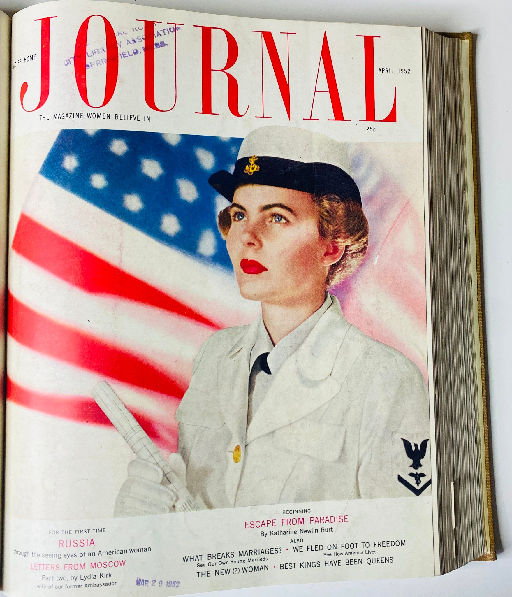Cover of the April 1952 issue of Ladies' Home Journal, featuring a woman in a naval uniform with an American flag backdrop, reflecting the cultural sentiments of the time in the Ladies' Home Journal Library Bound Magazine 1952 Full Year January - December.
