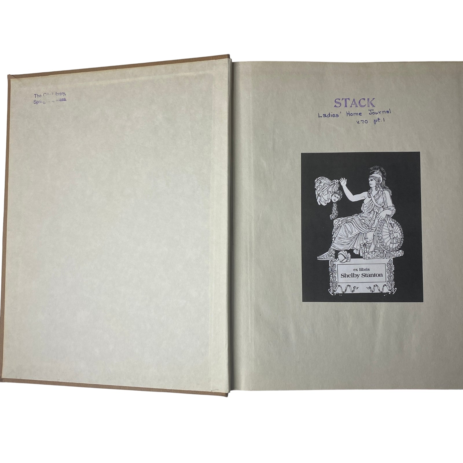 Inside cover page of the Ladies' Home Journal Bound Magazine 1953, featuring an ex libris design with the name Shelby Stanton and the label 'STACK Ladies' Home Journal v.70 pt.1'. This image is part of the Ladies' Home Journal Library Bound Magazine 1953 Full Year January - December.