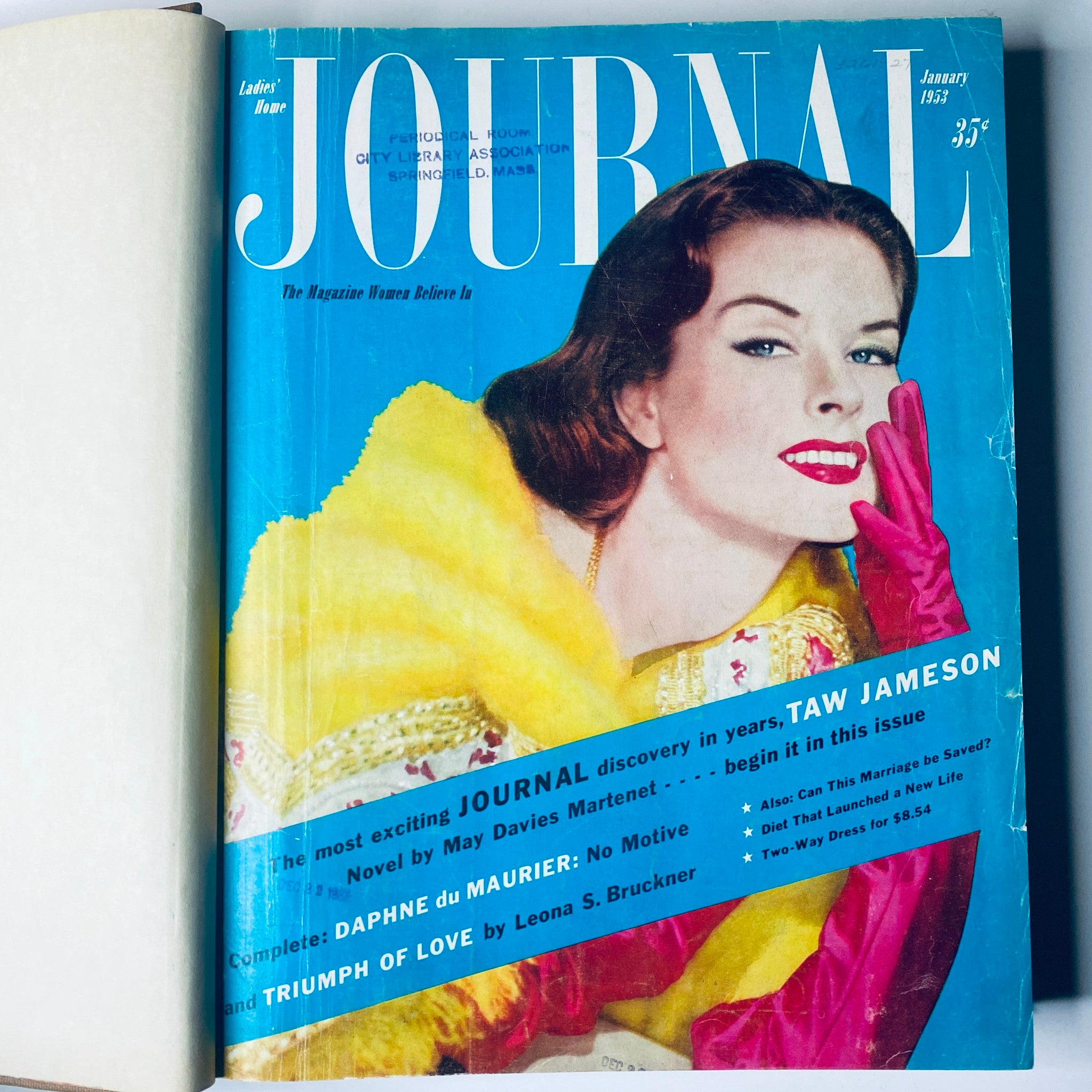 Cover of Ladies' Home Journal, January 1953 edition, displaying a stylish woman in a yellow coat and pink gloves, with the title 'Journal.' This cover is part of the Ladies' Home Journal Library Bound Magazine 1953 Full Year collection.