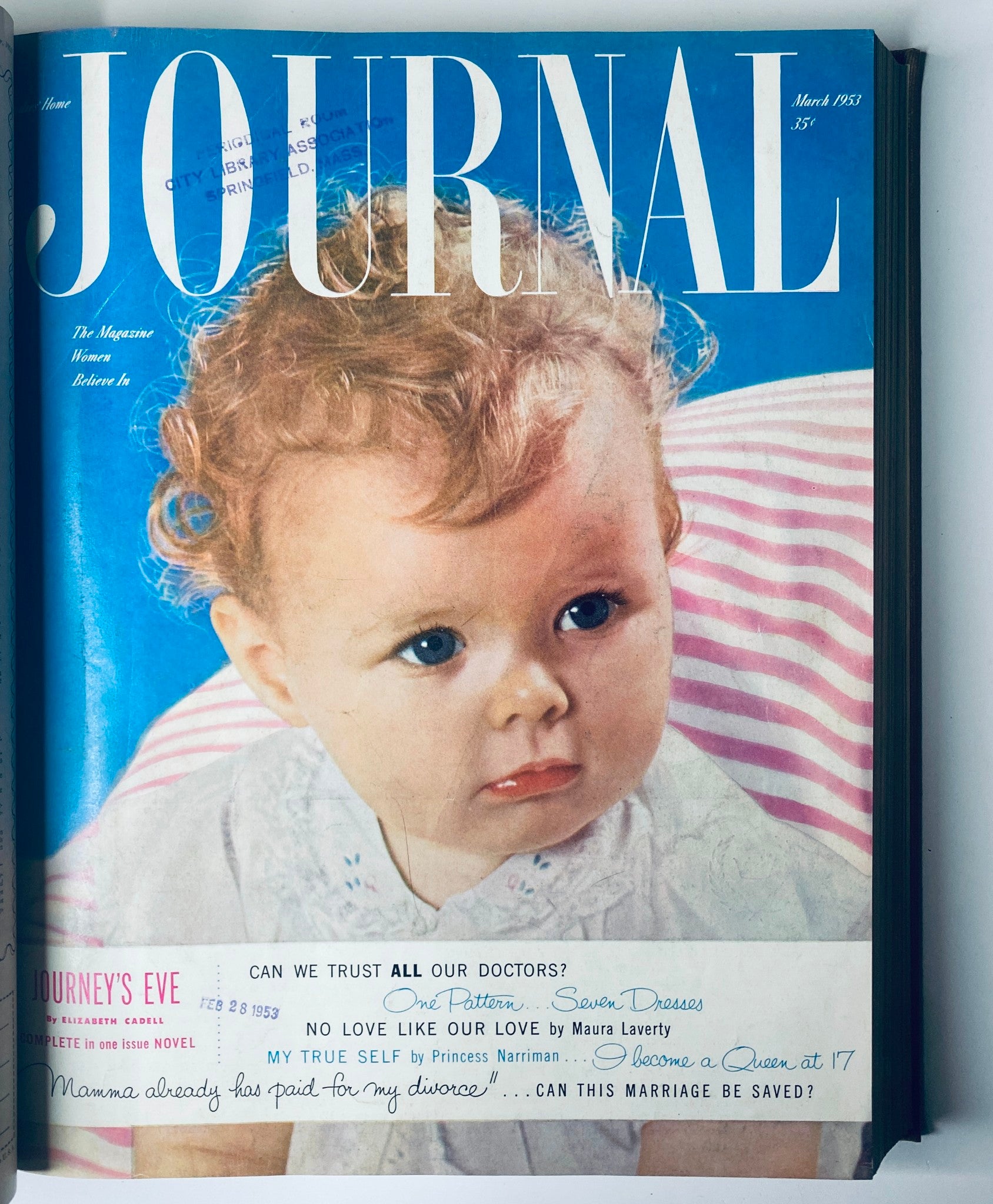 Cover of Ladies' Home Journal, March 1953 edition, displaying a cute toddler with curly hair, along with the title 'Journal.' This cover is part of the Ladies' Home Journal Library Bound Magazine 1953 Full Year collection.