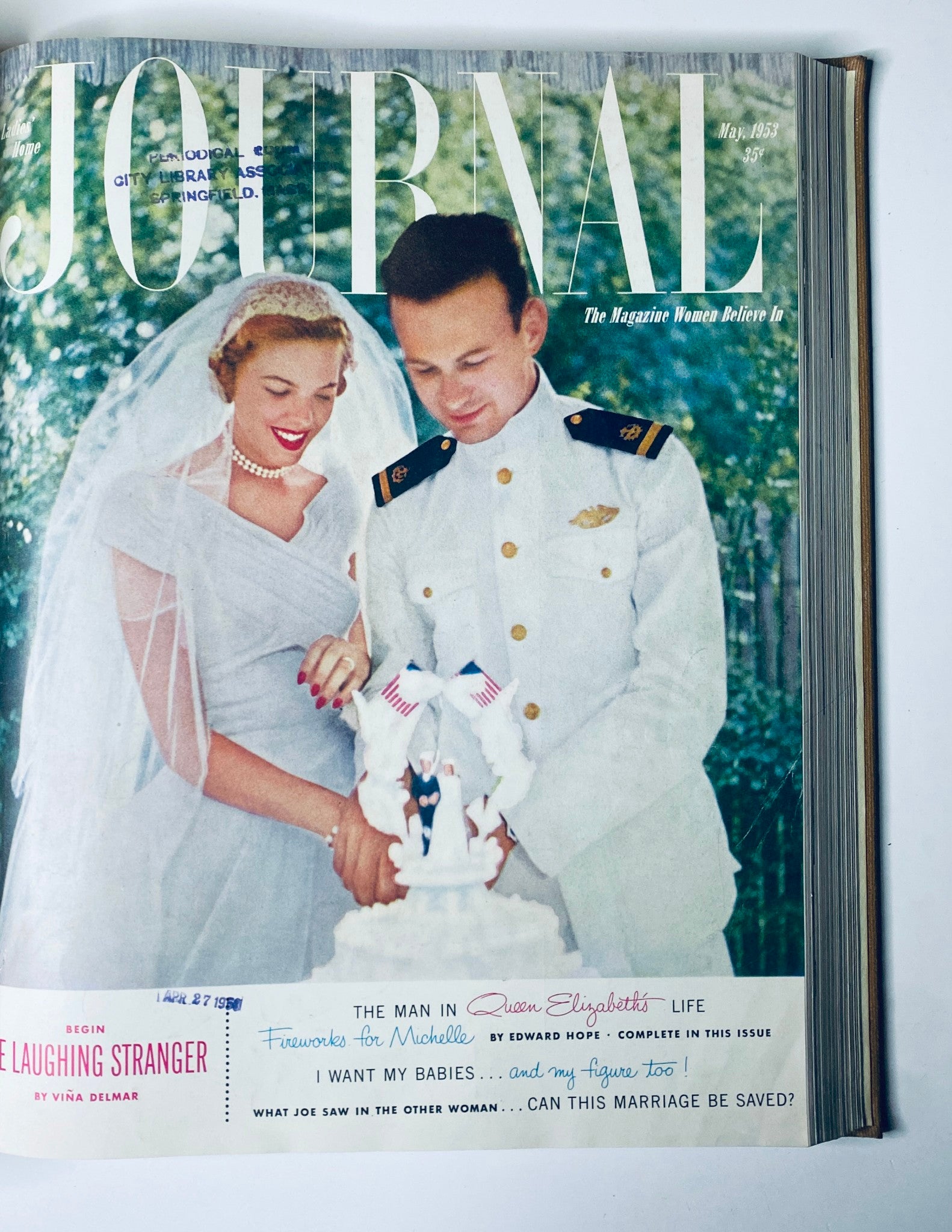Cover of Ladies' Home Journal, May 1953 edition, featuring a bride and groom, with the title 'Journal' prominently displayed. This magazine is part of the Ladies' Home Journal Library Bound Magazine 1953 Full Year collection.