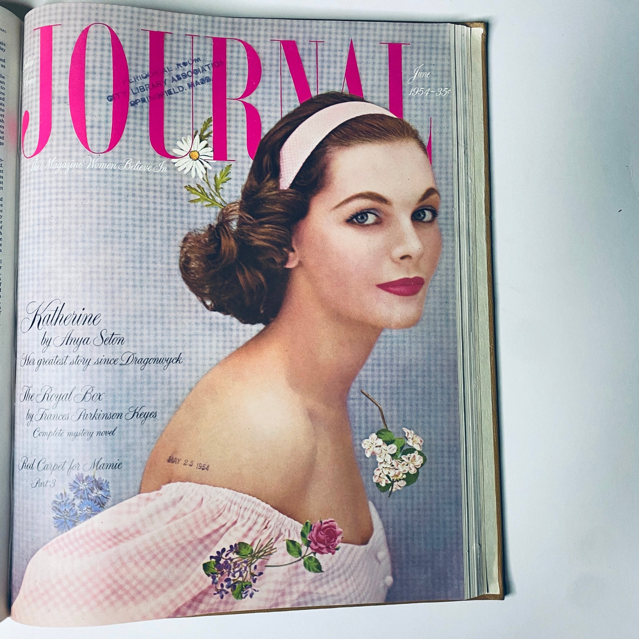 Cover of Ladies' Home Journal Magazine, June 1954 edition, showcasing a glamorous woman with a pink headband and floral embellishments, highlighting the title 'Ladies' Home Journal Library Bound Magazine 1954 Full Year January - December'.