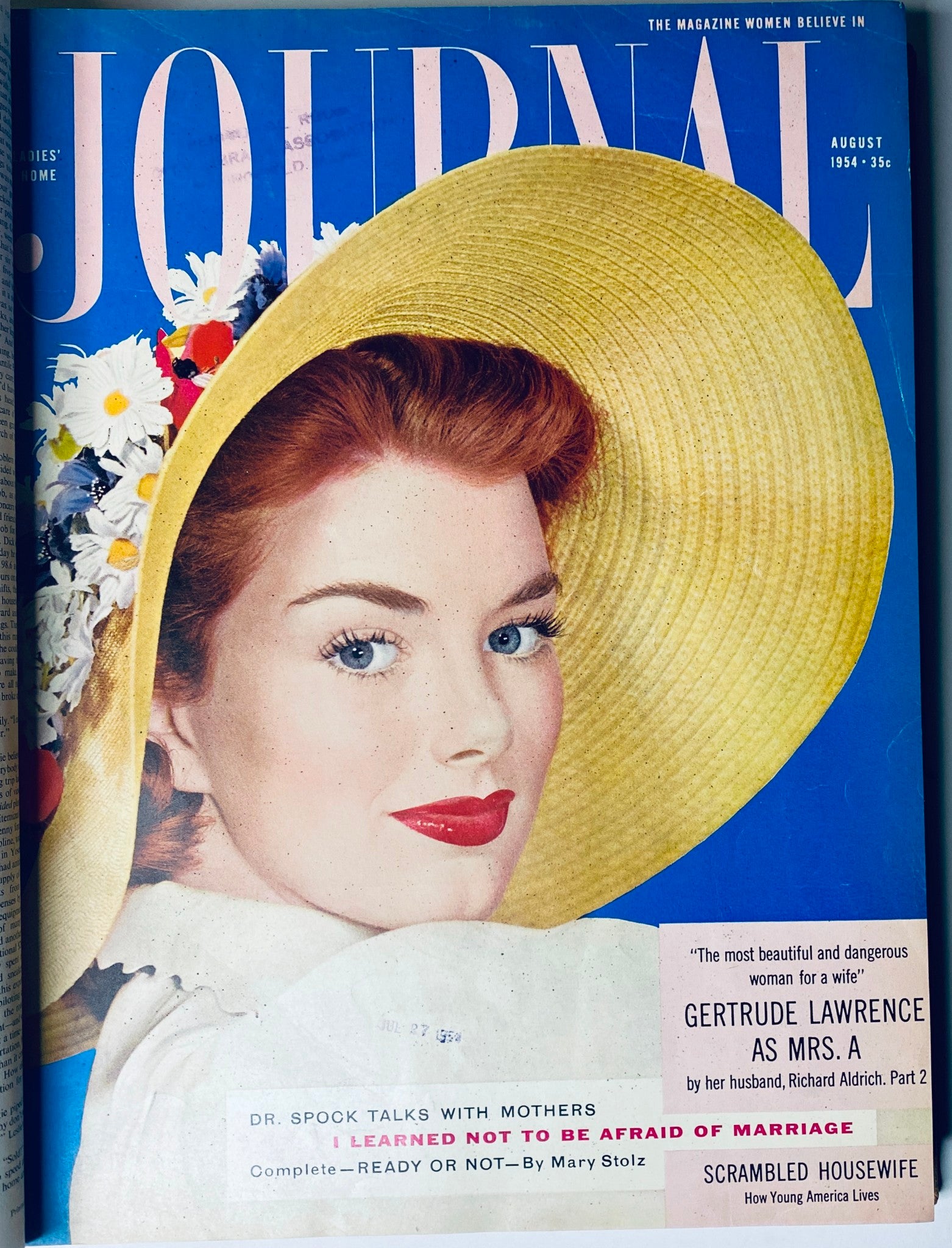 Cover of Ladies' Home Journal Magazine, August 1954 edition, featuring a young woman in a wide-brimmed hat with floral accents, associated with the title 'Ladies' Home Journal Library Bound Magazine 1954 Full Year January - December'.