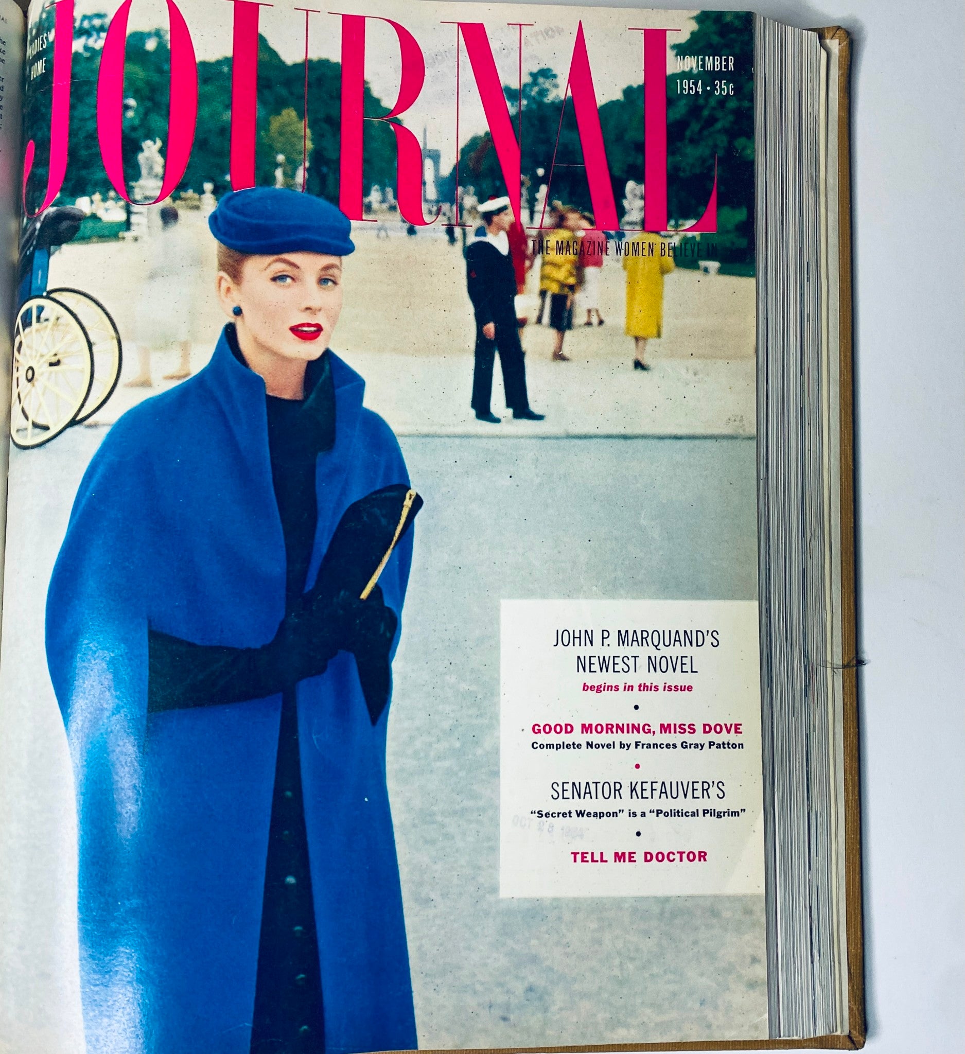 Cover image of the Ladies' Home Journal Bound Magazine for November 1954 featuring a fashionable woman in a blue coat and hat. This issue includes articles on literature, politics, and health.