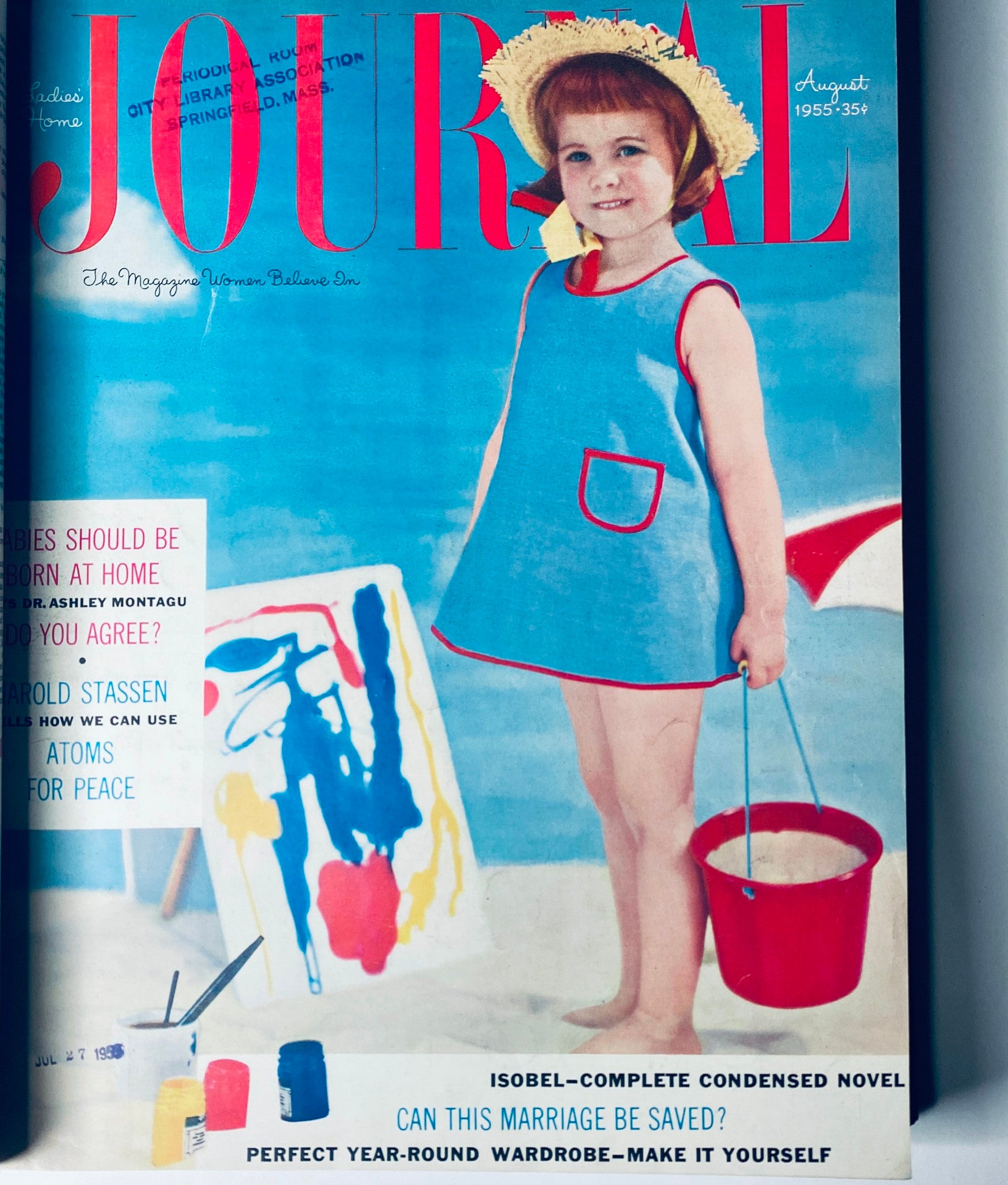 Cover of Ladies' Home Journal August 1955 magazine showcasing a smiling young girl in a blue dress with a yellow hat, surrounded by artistic elements like paint and brushes.