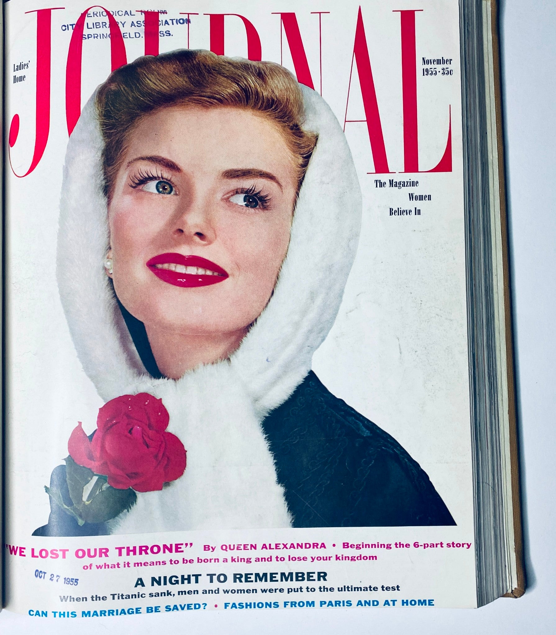 Cover of Ladies' Home Journal November 1955 magazine featuring a glamorous woman adorned in a fur hood, highlighting articles on societal themes and fashion.