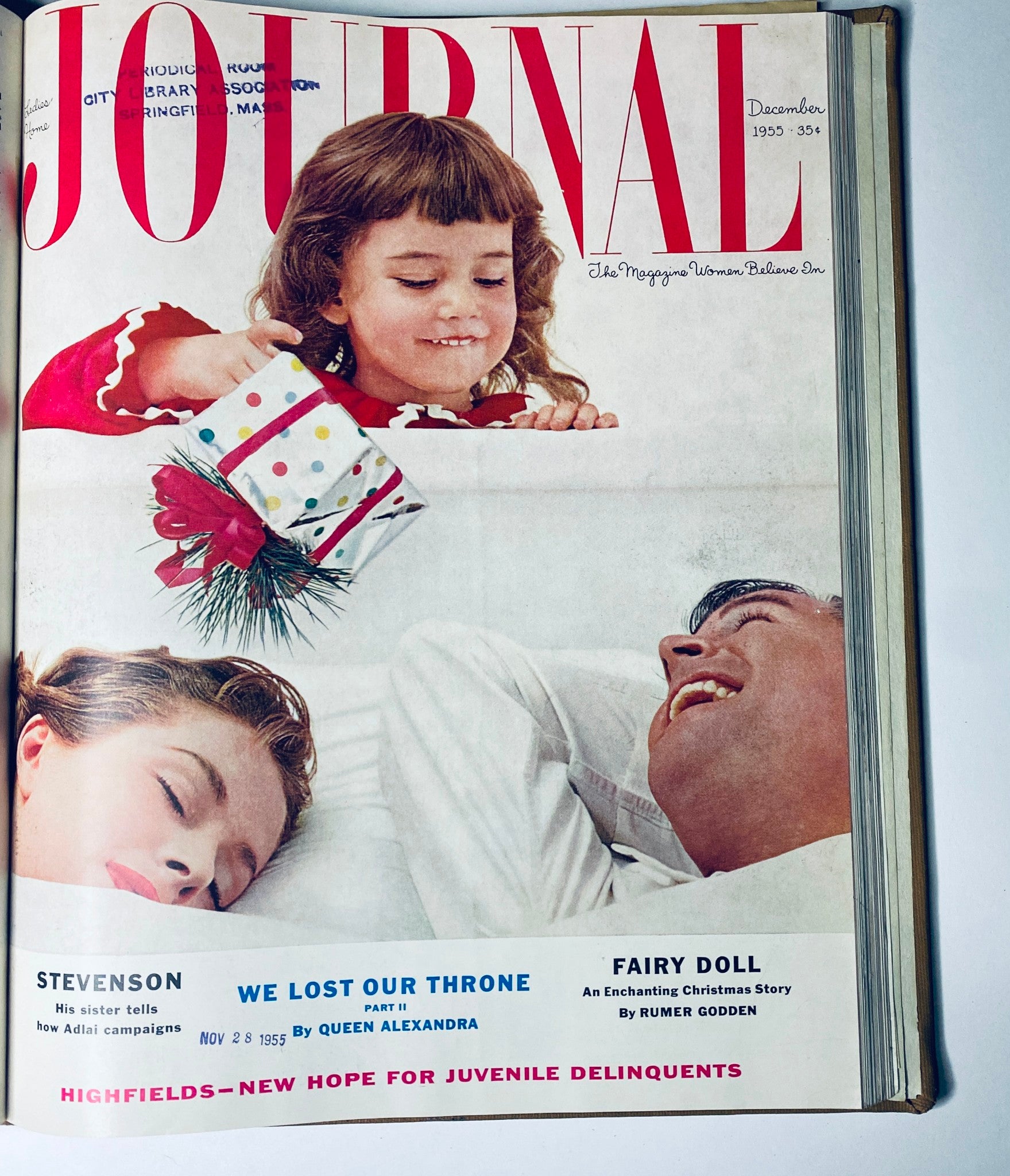 Ladies' Home Journal Library Bound Magazine 1955 Full Year January - December, featuring a December 1955 cover illustration of a young girl joyfully presenting a gift alongside a woman and man, showcasing mid-20th century Americana.