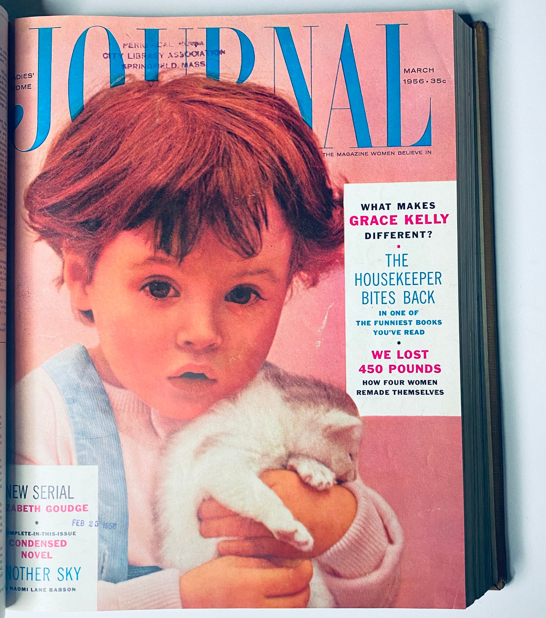 Ladies' Home Journal Library Bound Magazine 1956 - Cover featuring a young child with a kitten, March issue highlighted.