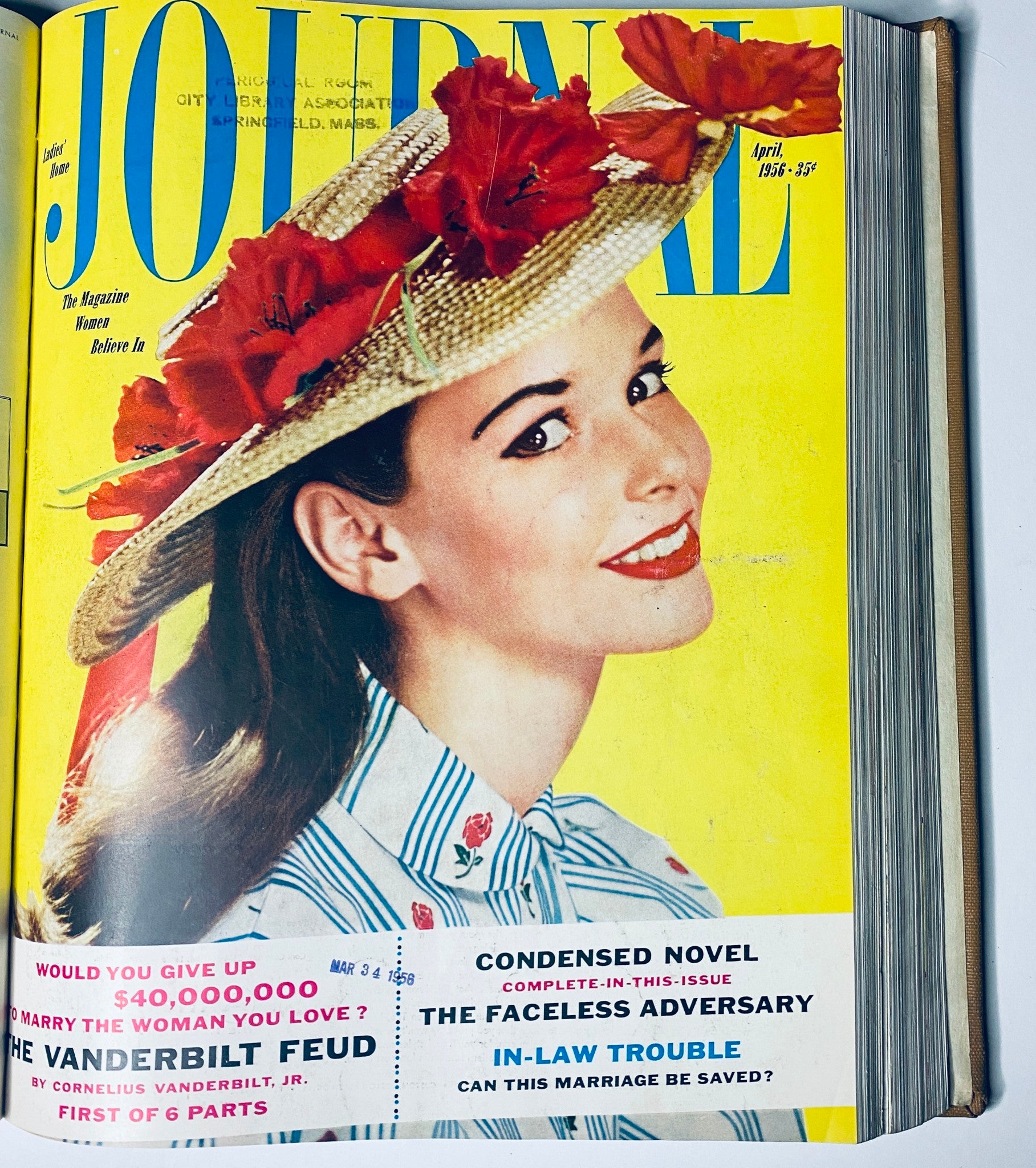 Ladies' Home Journal Library Bound Magazine 1956 - Cover showcasing a woman in a floral dress and hat, April issue featured.