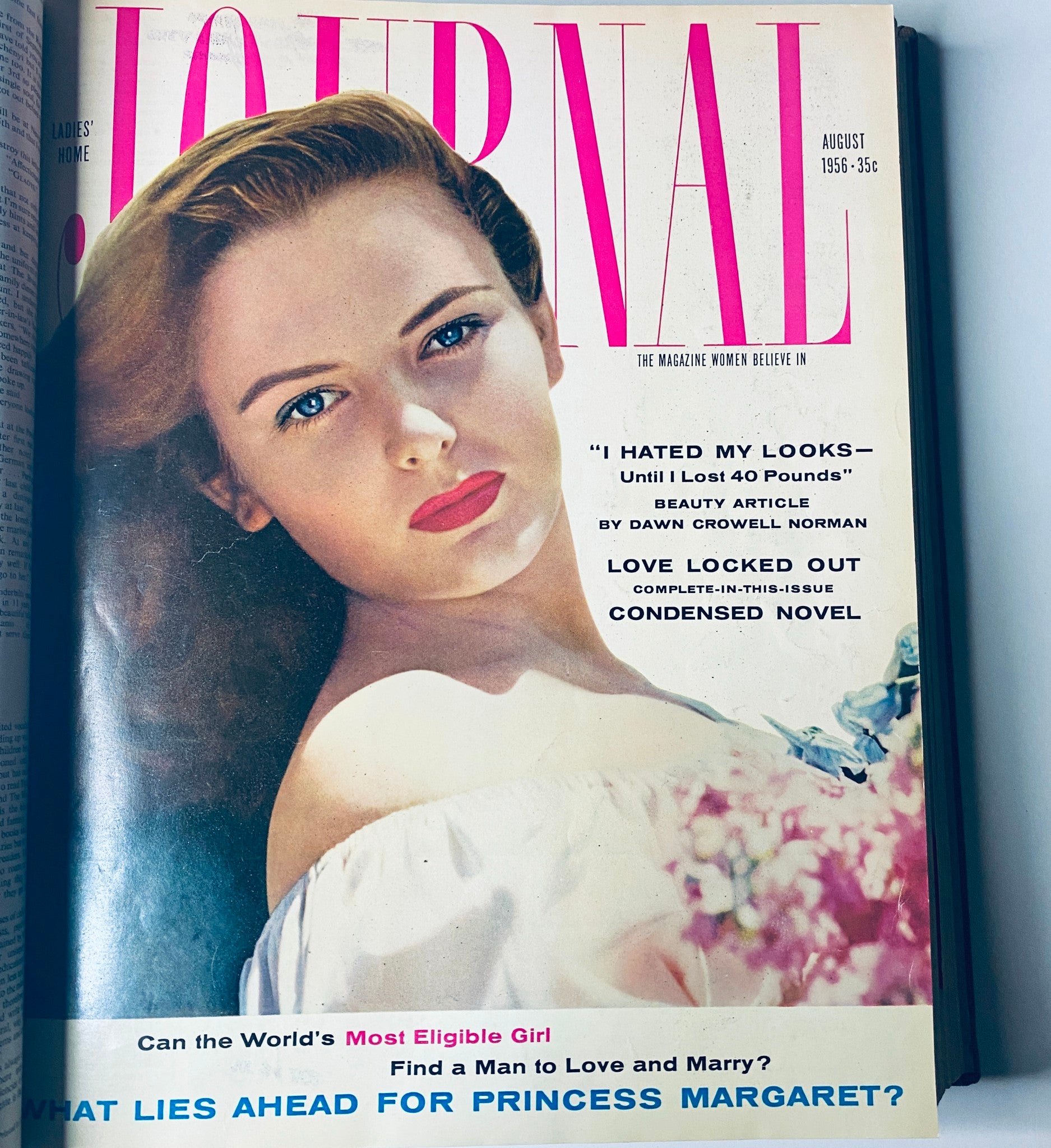 Ladies' Home Journal Library Bound Magazine 1956 Full Year January - December - August 1956 issue cover showcasing a glamorous woman with makeup and elegant attire, reflecting vintage beauty standards.