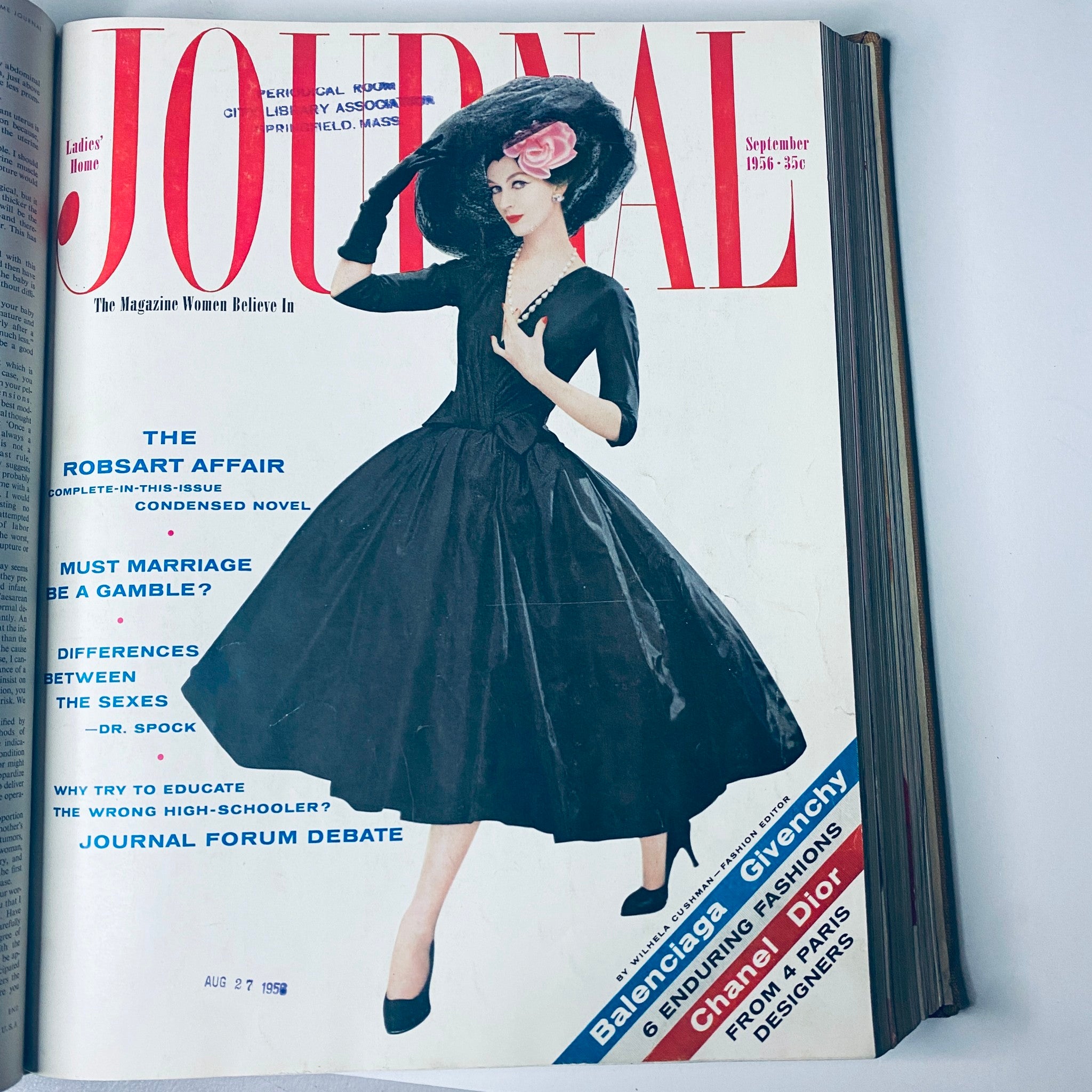 Ladies' Home Journal Library Bound Magazine 1956 Full Year January - December - September 1956 cover highlighting a model in a sophisticated black dress with a large hat, representing mid-century fashion.