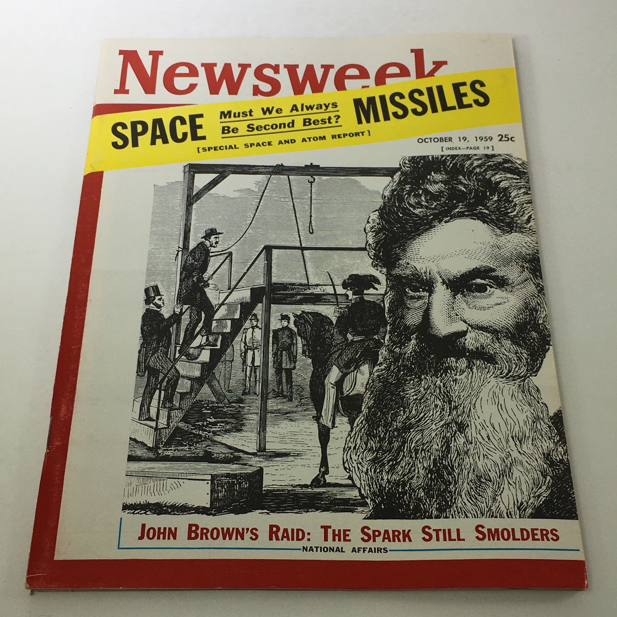 Vintage Newsweek Magazine cover from October 19, 1959, featuring articles including 'John Brown's Raid: The Spark Still Smolders' and a headline on space and missiles.