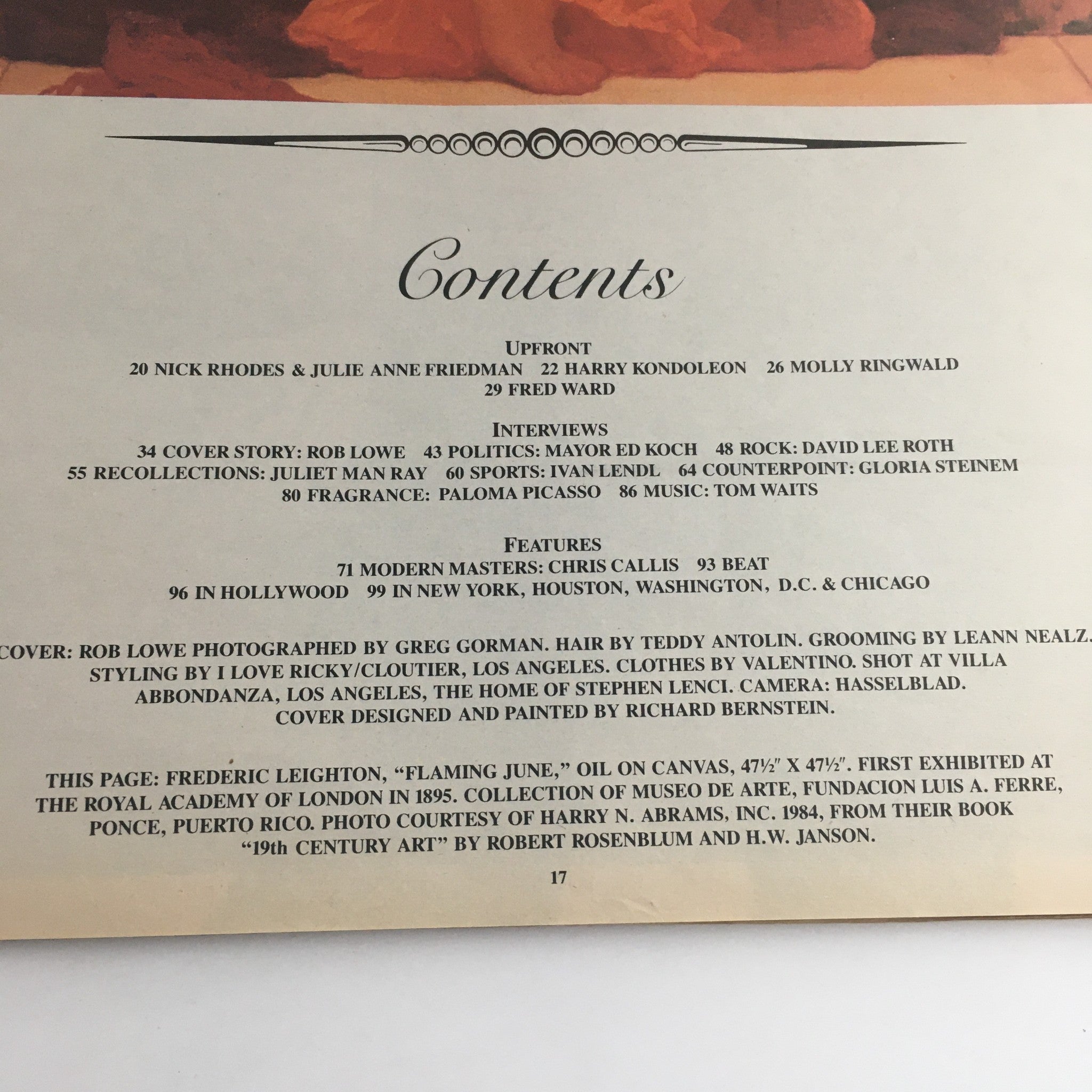 Contents page of the May 1984 Interview Magazine featuring Rob Lowe. The layout includes article titles and page numbers relevant to the issue, showcasing interviews and features from notable personalities including Rob Lowe.